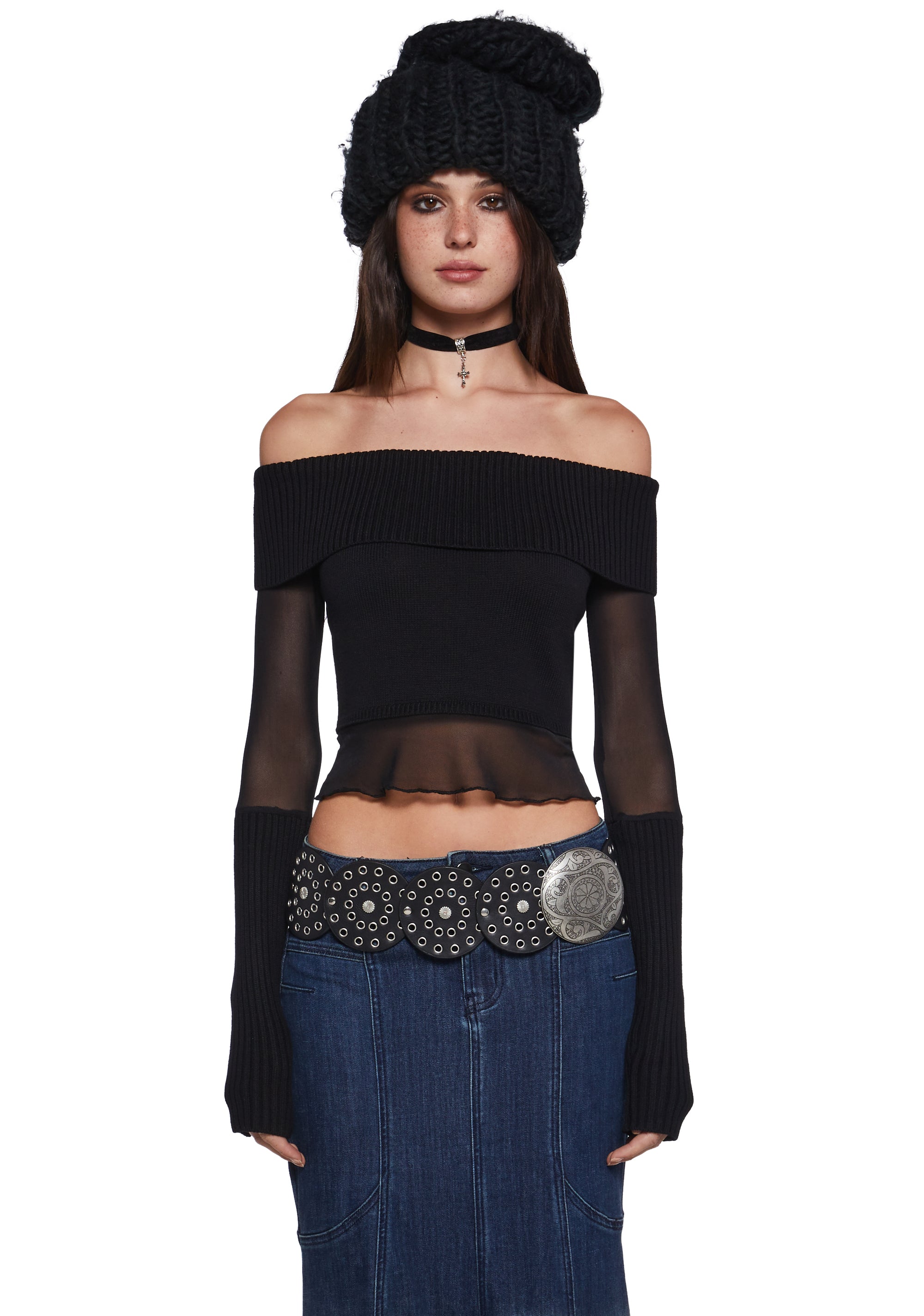 Molly Openwork Plaid Puff Sleeve Cropped Sweater