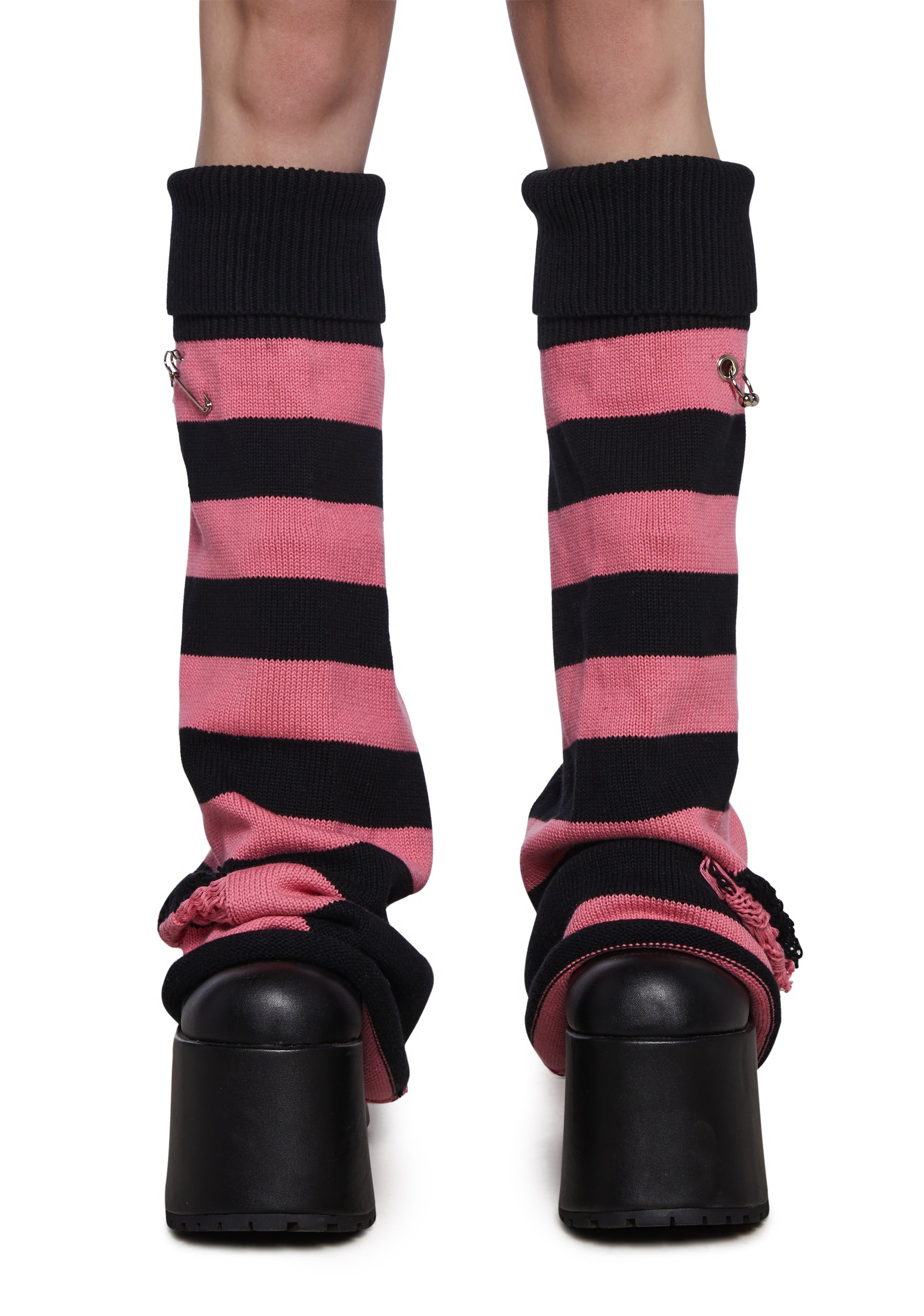 The Grave Girls Acrylic Knit Striped Distressed Pierced Leg Warmers - Stripe
