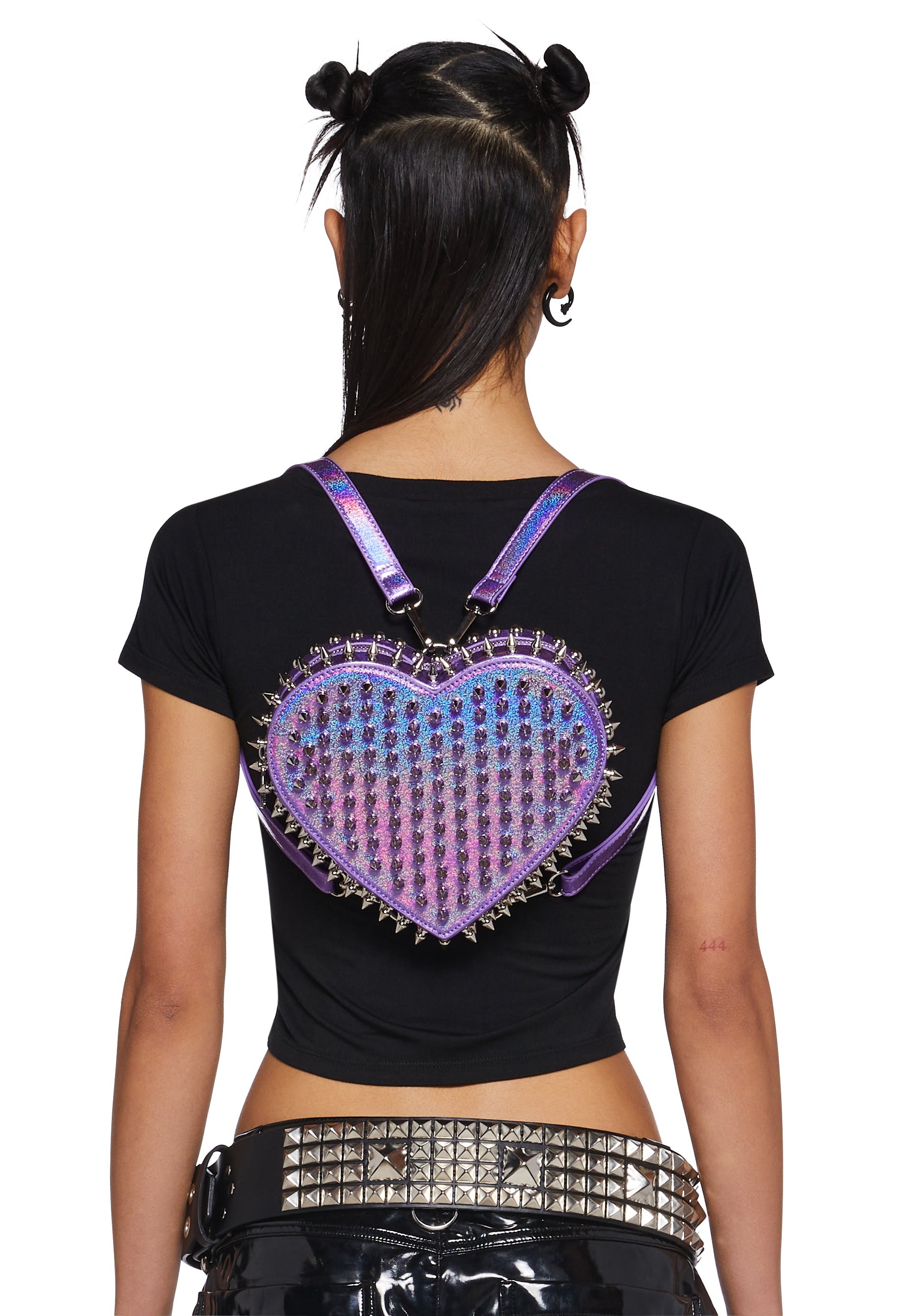 Patent Vegan Leather Holographic Stud Heart Backpack Club Exx