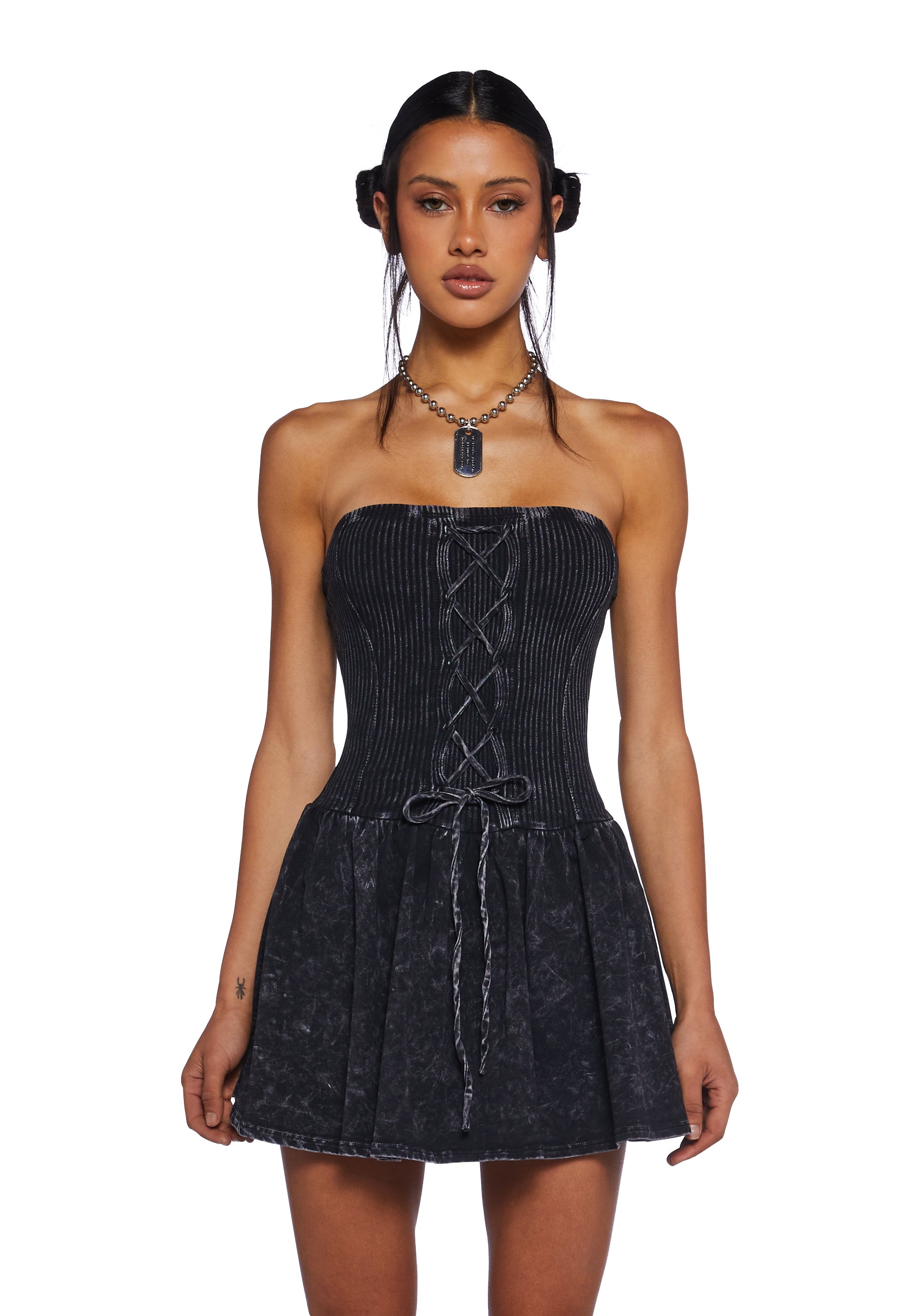 Acid Mineral Washed Lace Up Strapless Mini Dress - Black Dolls Kill Acid Mineral Washed Lace Up Strapless Mini Dress - Black Dolls Kill