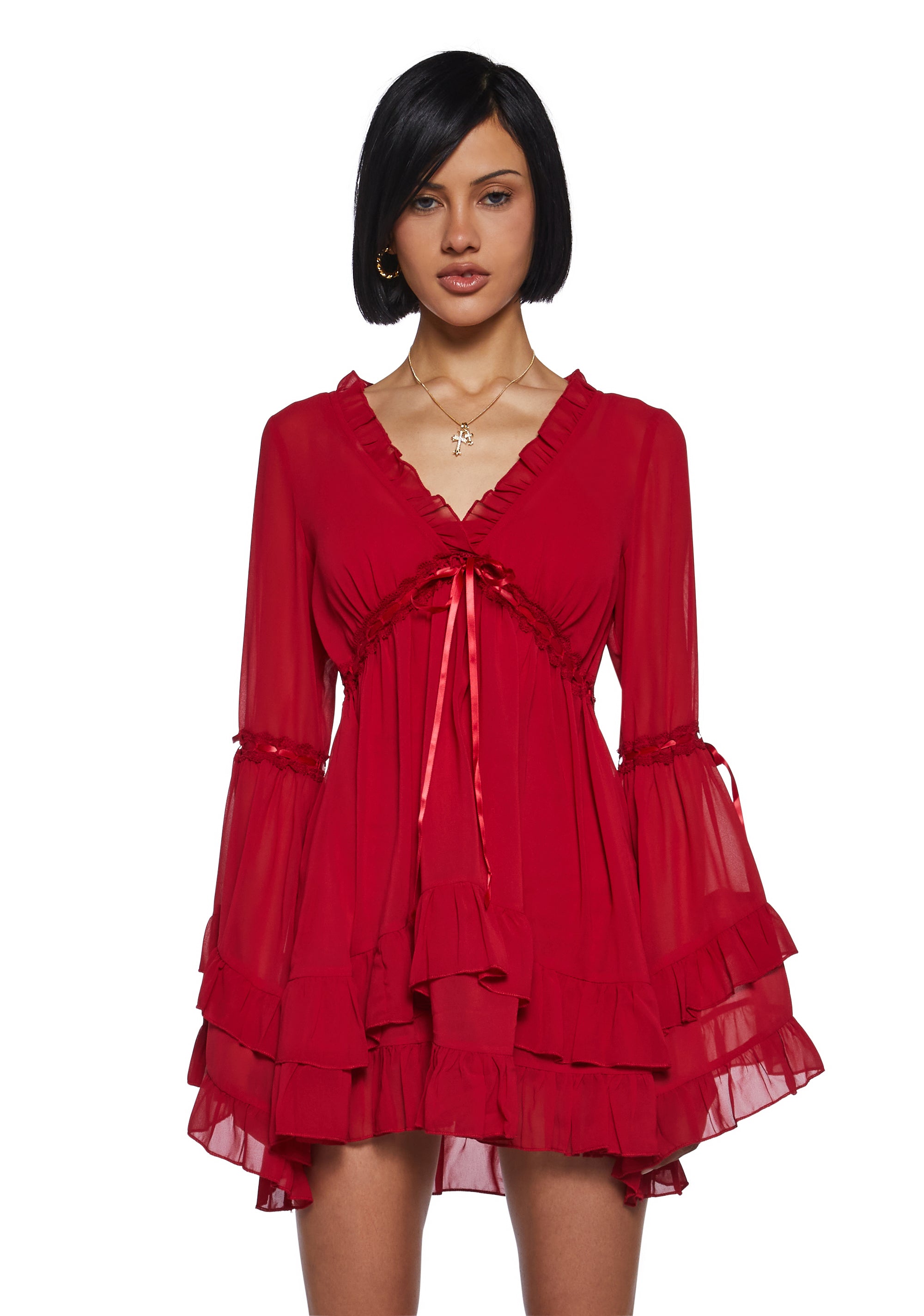 Womens Sexy Chiffon Mini Dress With Bell Sleeves Sugar Thrillz - Red Dolls Kill Womens Sexy Chiffon Mini Dress With Bell Sleeves Sugar Thrillz - Red Dolls Kill