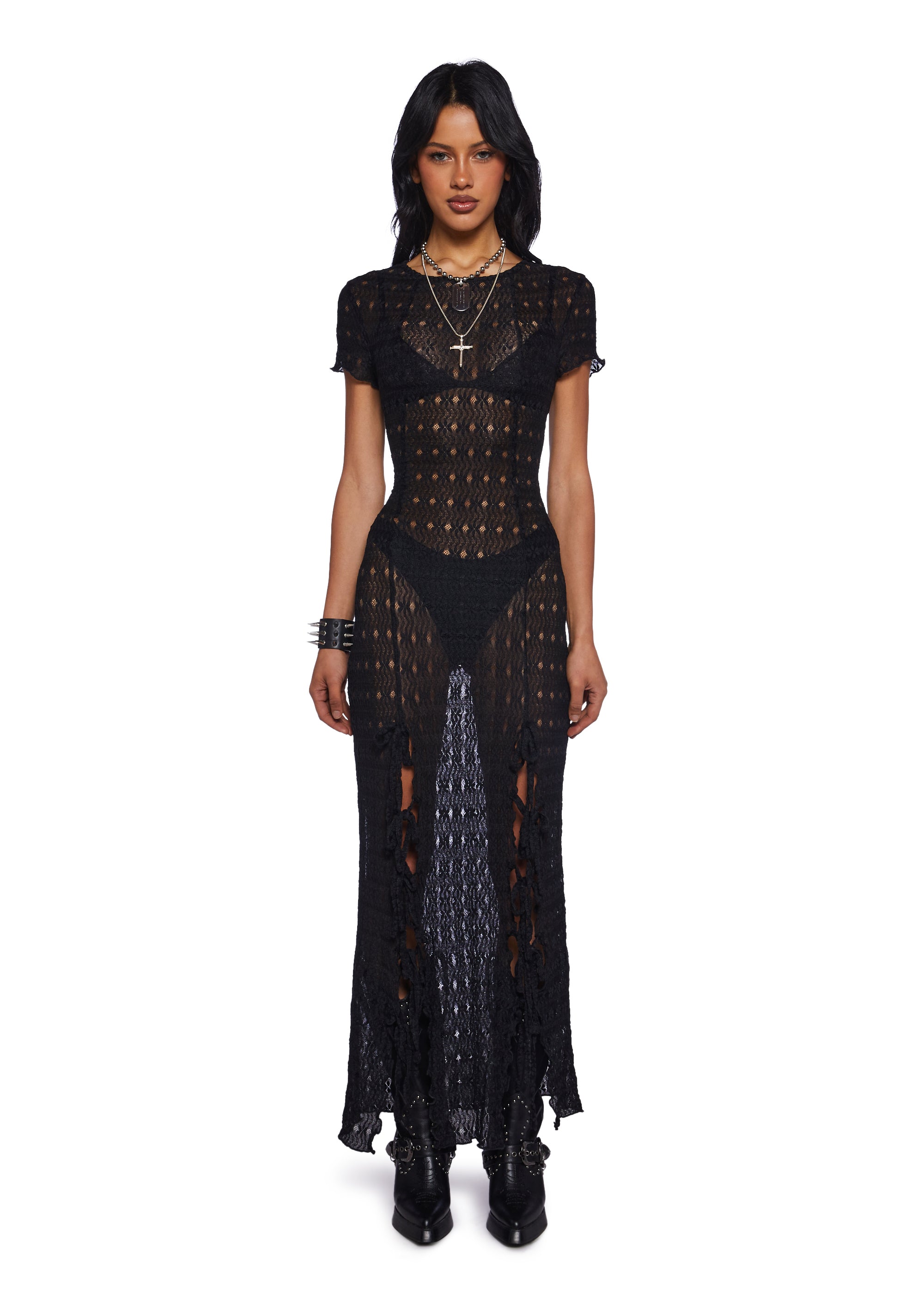 Sheer Textured Floral Maxi Dress With Slits - Black Dolls Kill Sheer Textured Floral Maxi Dress With Slits - Black Dolls Kill