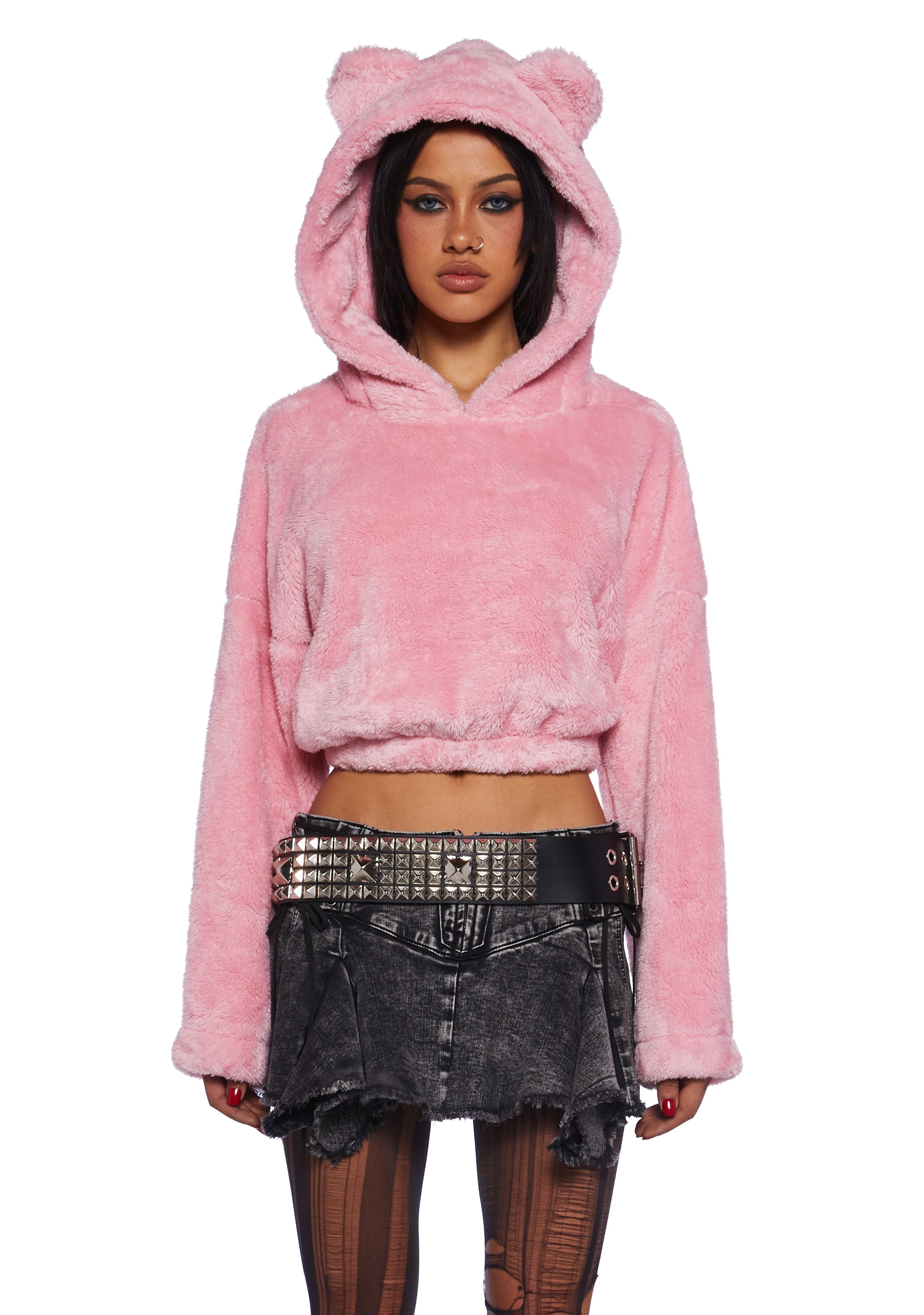 Pastel Goth Cozy Fuzzy Faux Fur Cropped Bear Pullover Hoodie