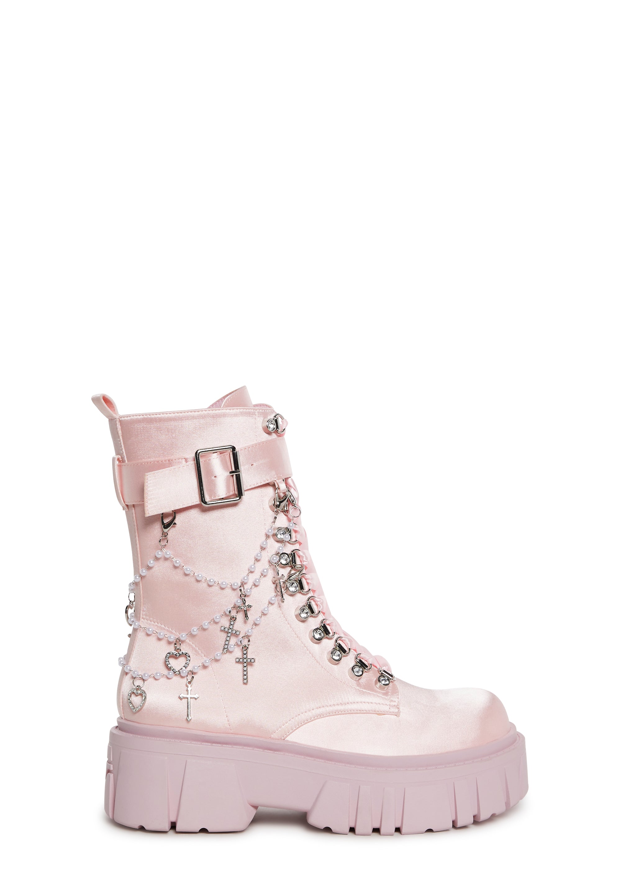 Satin Ribbon Lace-Up Beaded Charm Platform Combat Boots Sugar