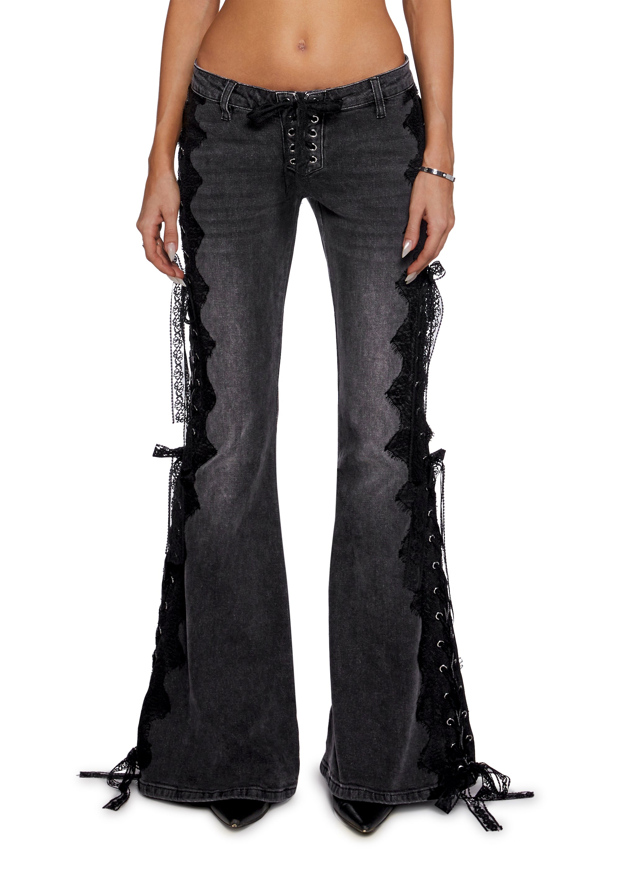 Washed Lace Lace-Up Flare Jeans Current Mood - Gray – Dolls Kill