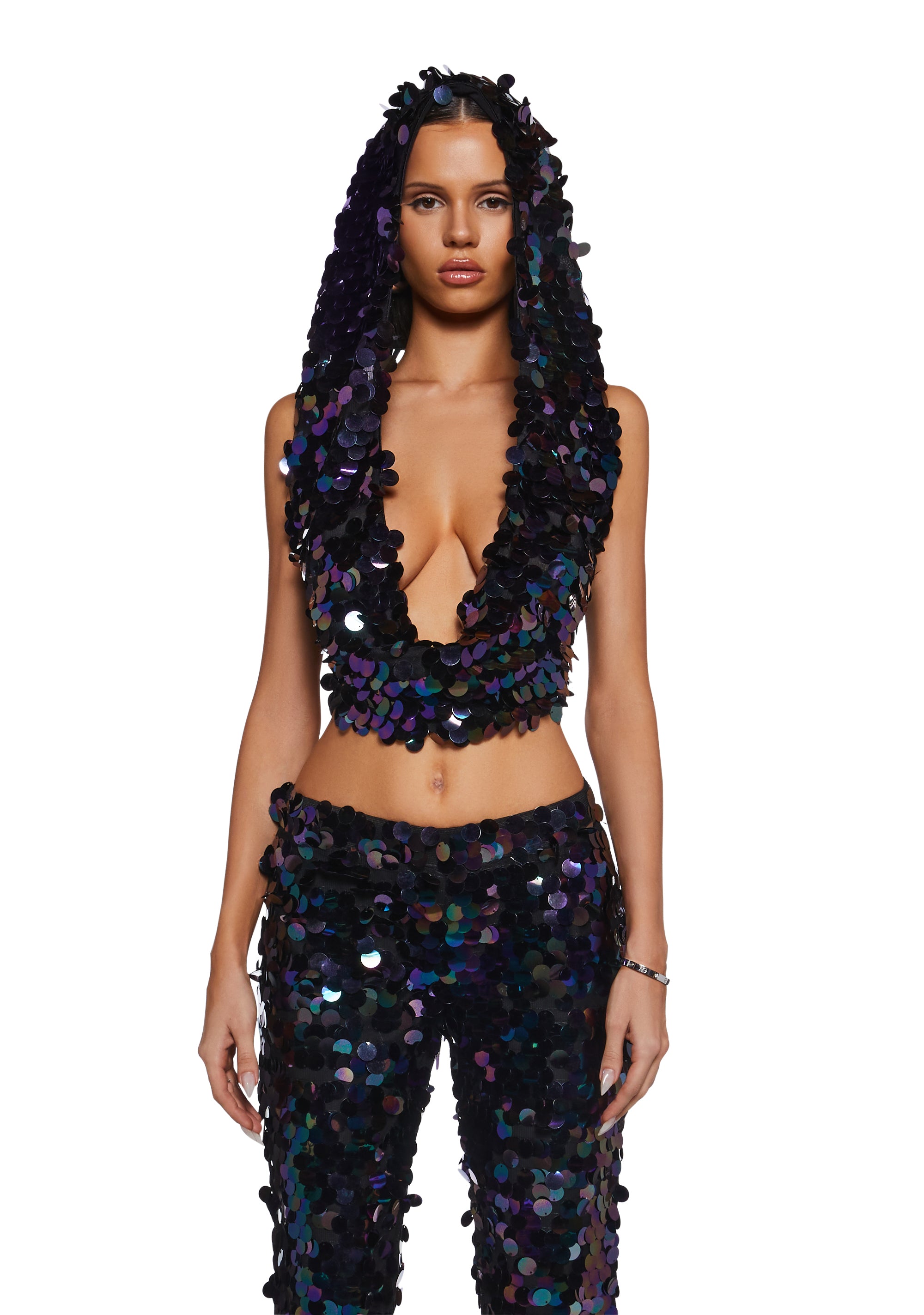 Womens Sexy Sequin Hooded Top With Straps NYE Current Mood - Purple