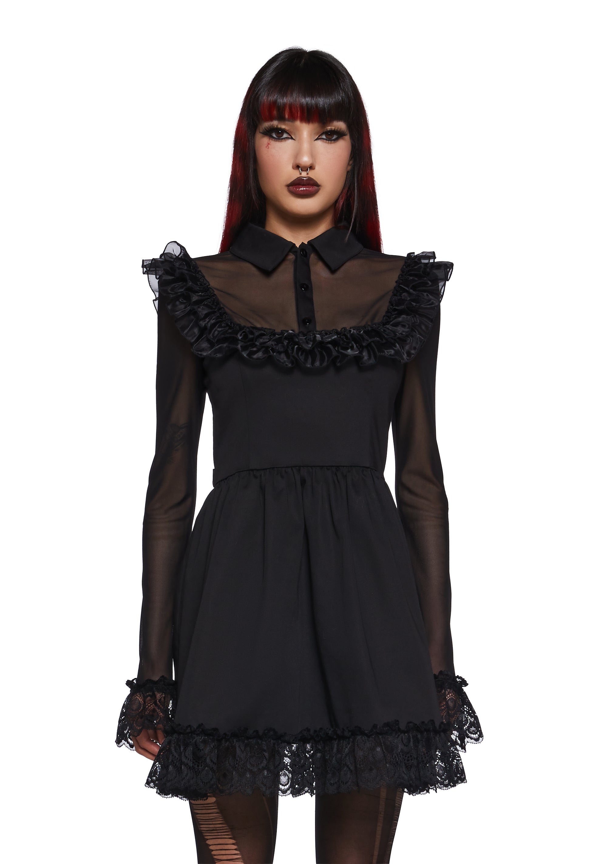 black ruffle mesh dress Twill Ruffle Mesh Long Sleeve Mini Dress Widow