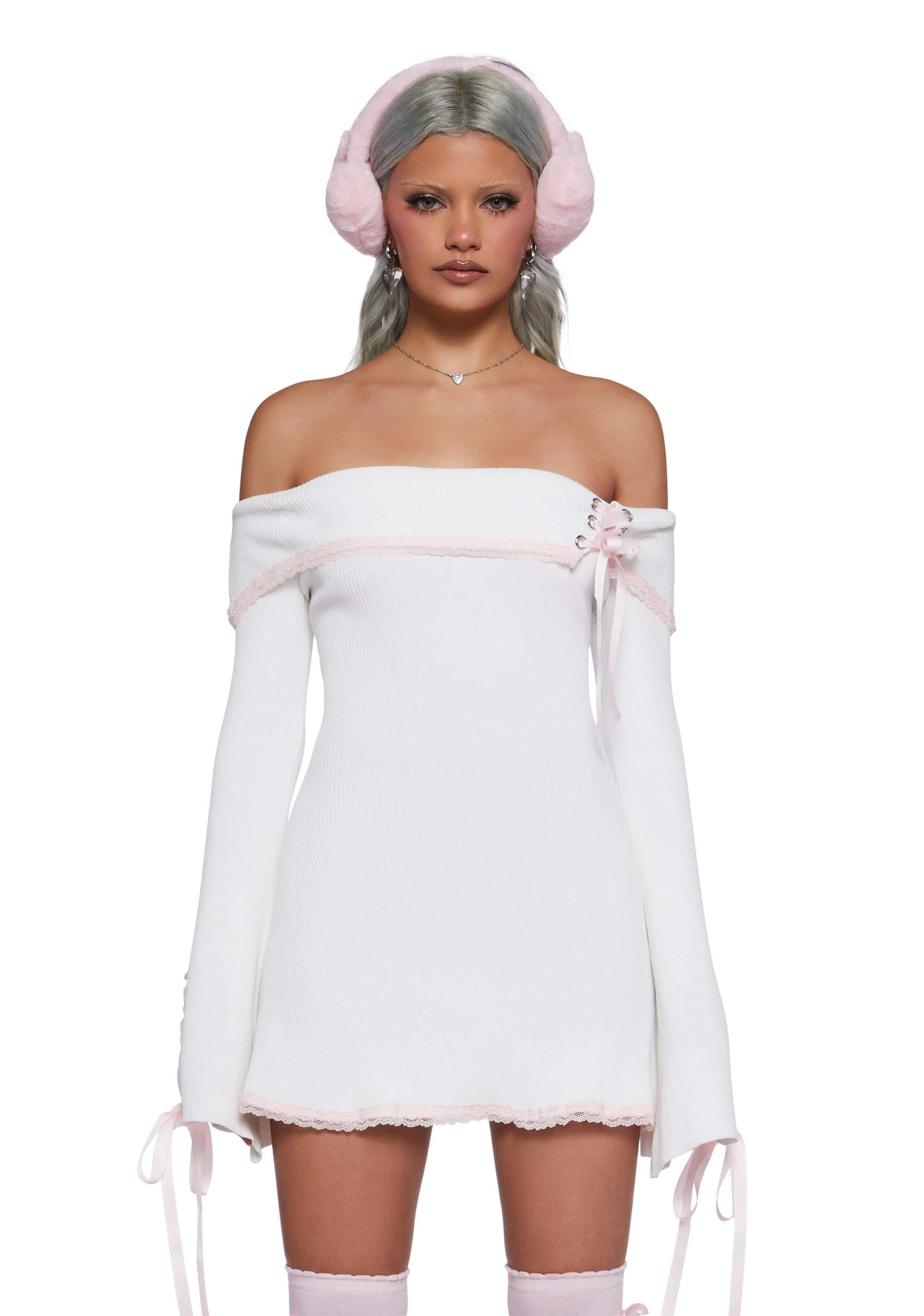 Stretchy Ribbed Knit Lace Off-The-Shoulder Lace-Up Mini Dress Sugar Thrillz - Off White Dolls Kill Stretchy Ribbed Knit Lace Off-The-Shoulder Lace-Up Mini Dress Sugar Thrillz - Off White Dolls Kill