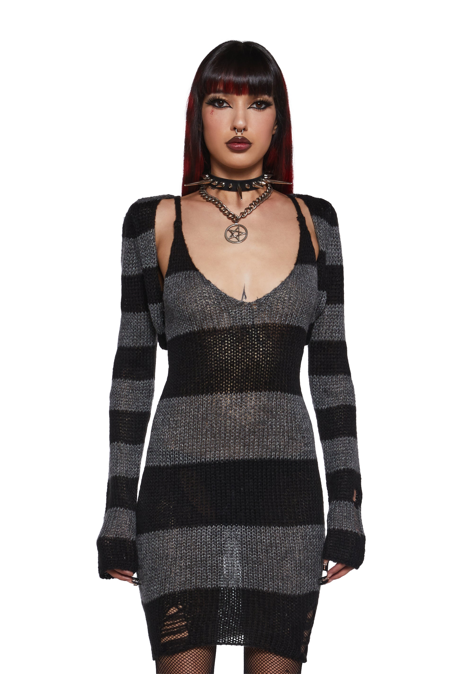 grunge sweater dress Our Grunge Punk Striped Pattern Distressed Sweater Dress With Scarf is such a vibe
