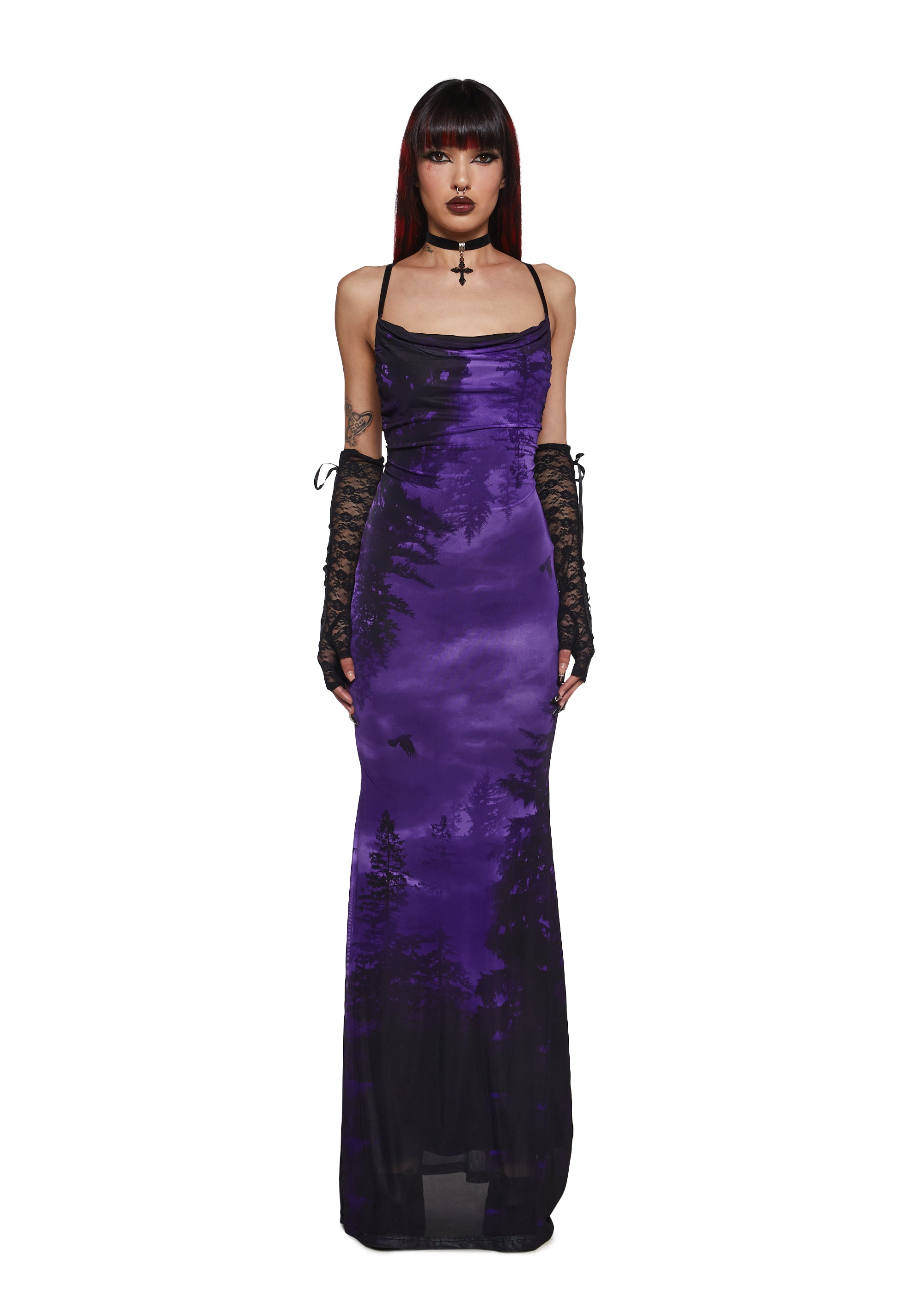 Womens Forest Graphic Mesh Maxi Dress Widow - Purple Womens Forest Graphic Mesh Maxi Dress Widow - Purple