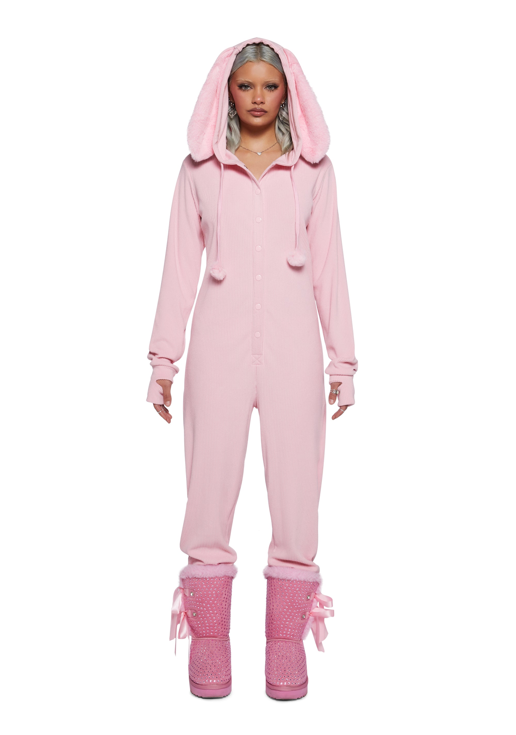 Stretchy Ribbed Knit Faux Fur Bunny Ears Hooded Jumpsuit Sugar Thrillz Pink Dolls Kill