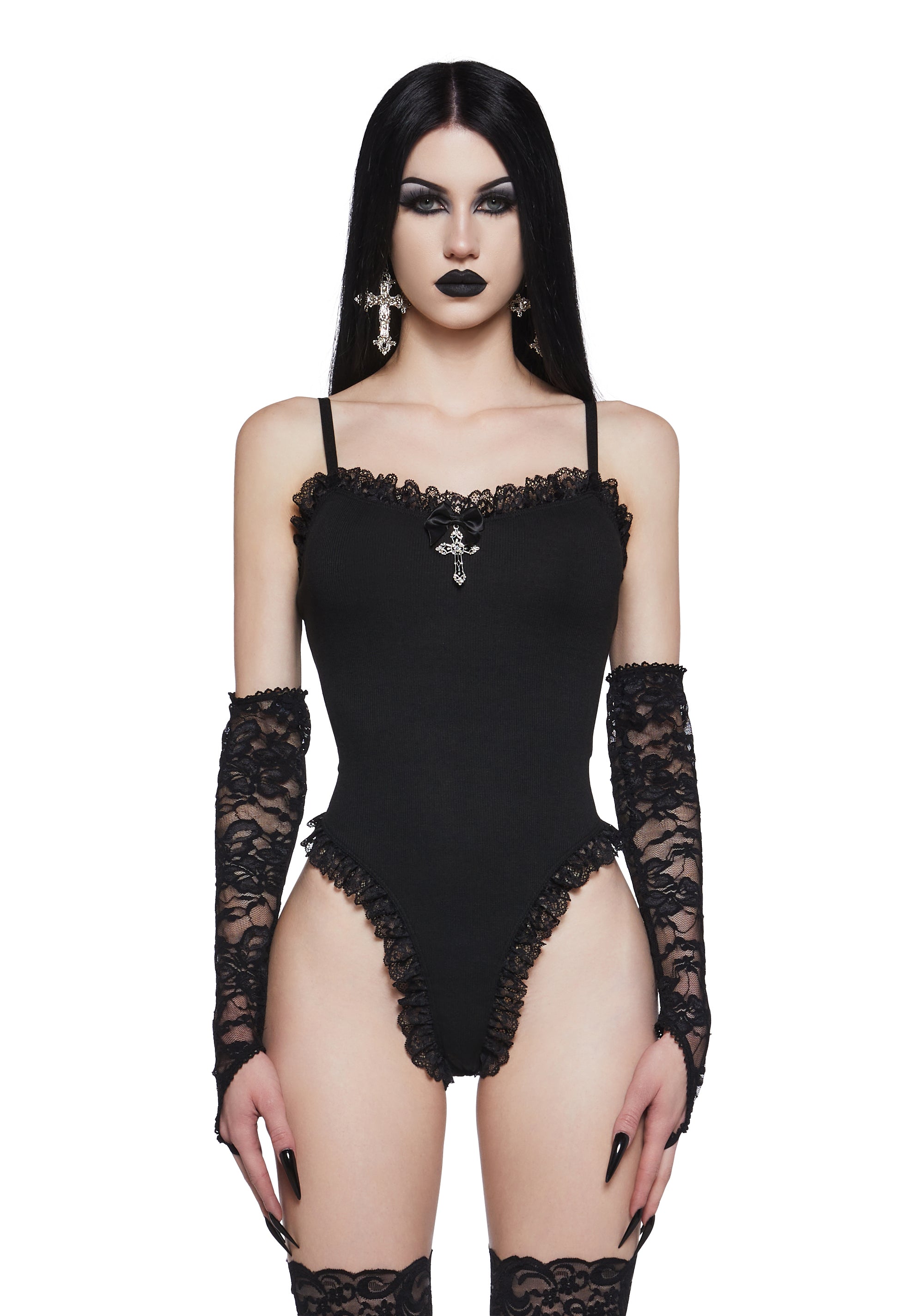 Womens Sexy Ribbed Bodysuit With Ruffled Lace Trim And Lace