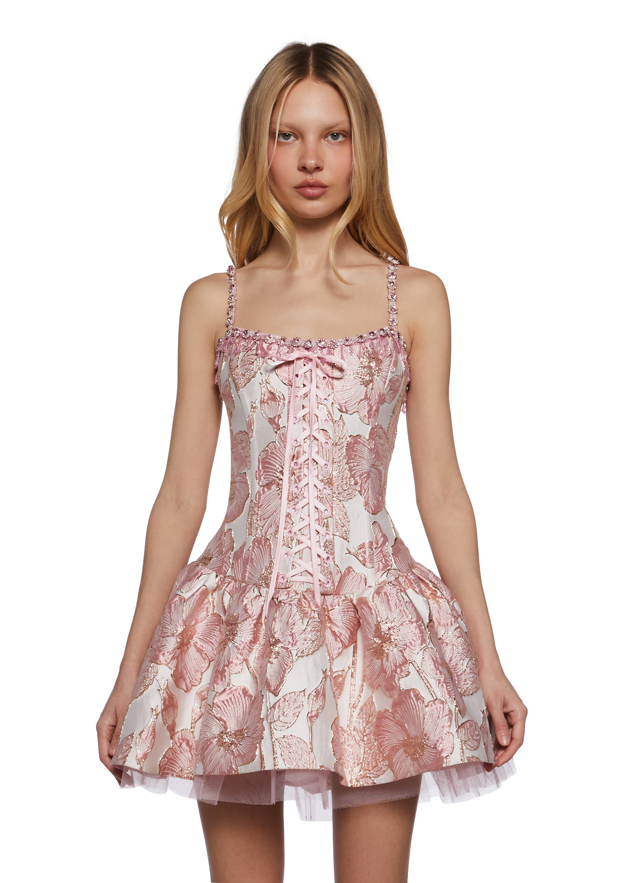 Womens Dream Closet Floral Jacquard Brocade Mini Dress With Rhinestones  Sugar Thrillz