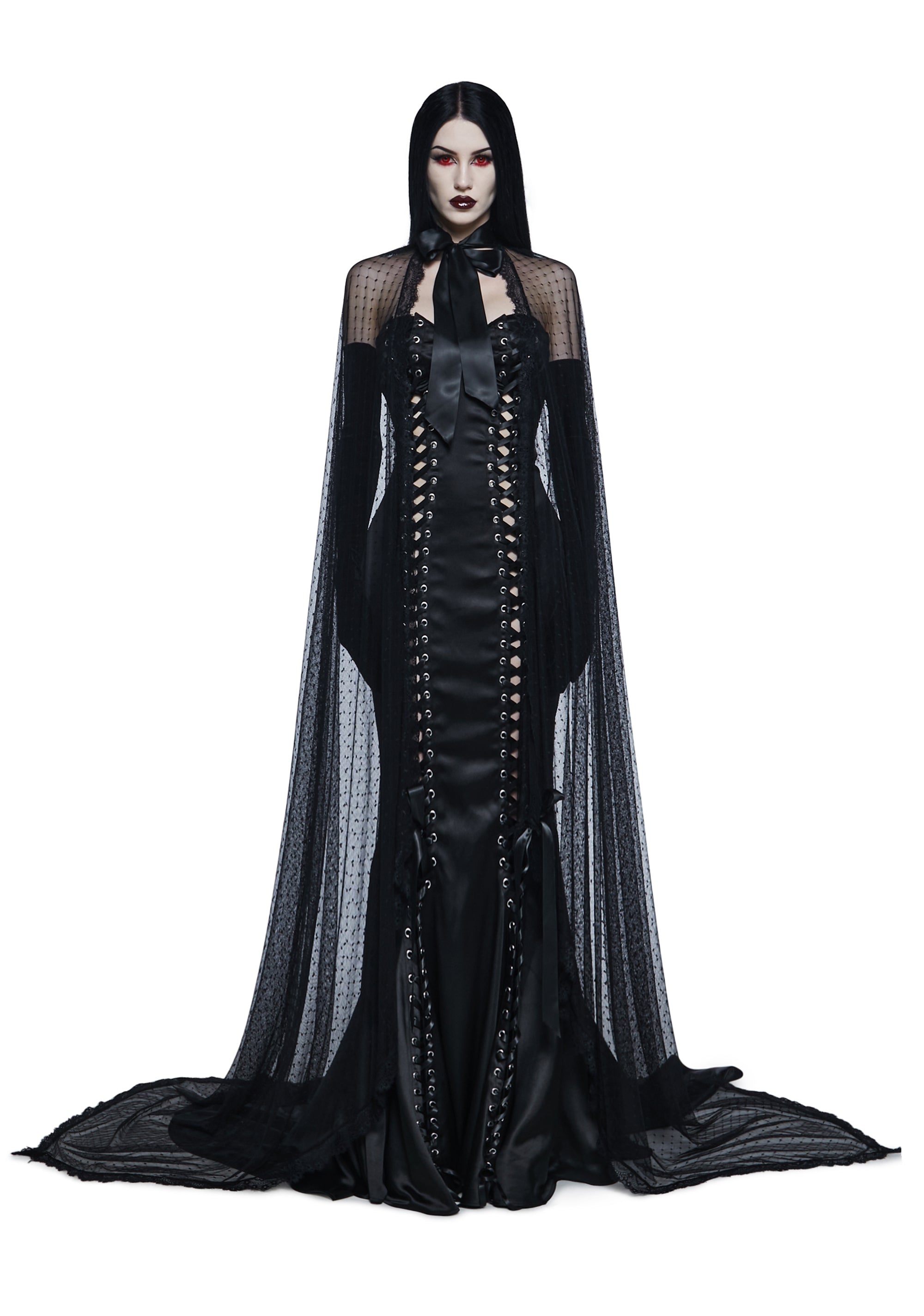 dress with mesh cape Widow Vampire Goth Mesh Lace Swiss Dot Ribbon Cape