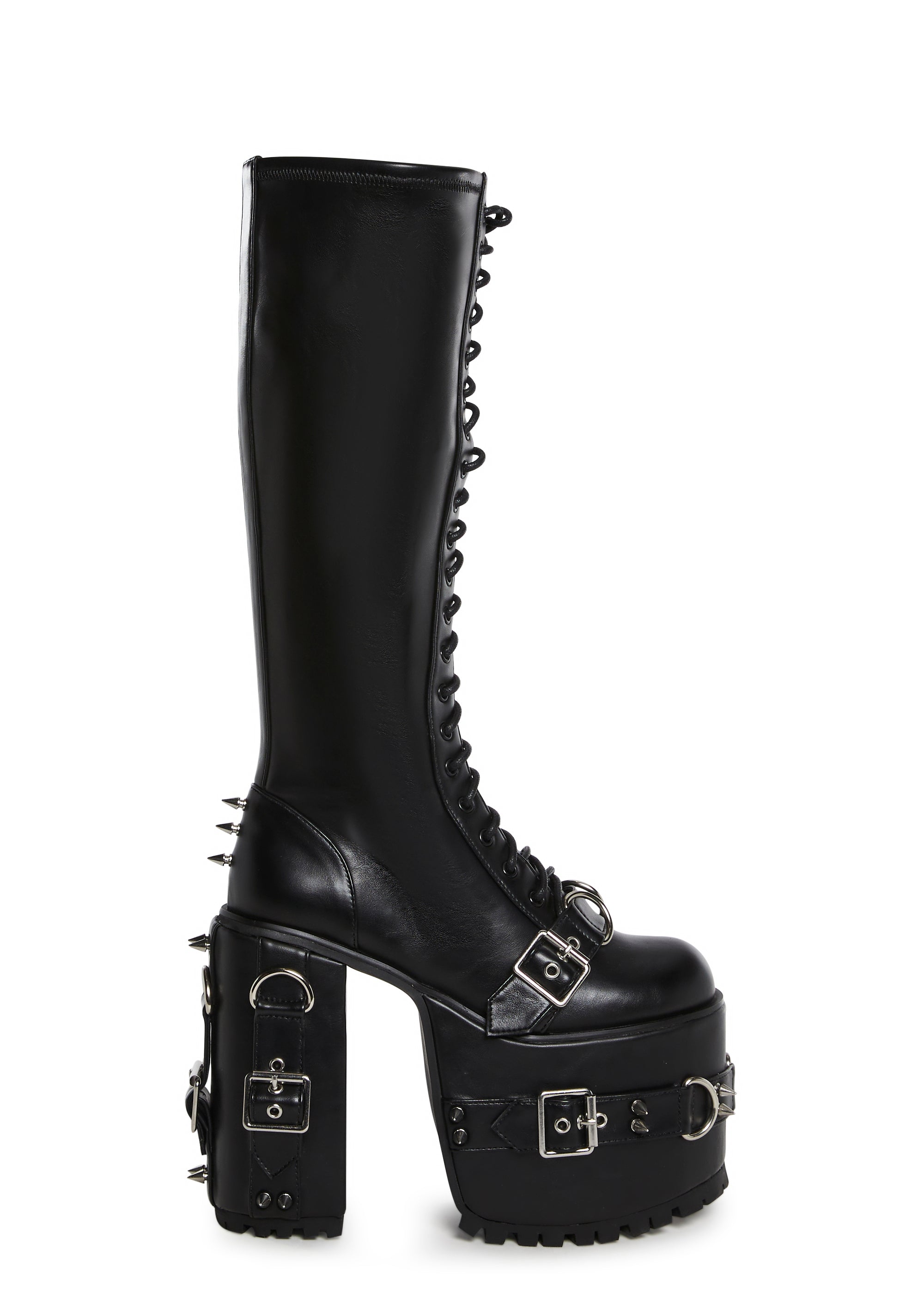 Spiked Buckle D-Ring Lace-Up Platform Boots Current Mood Black