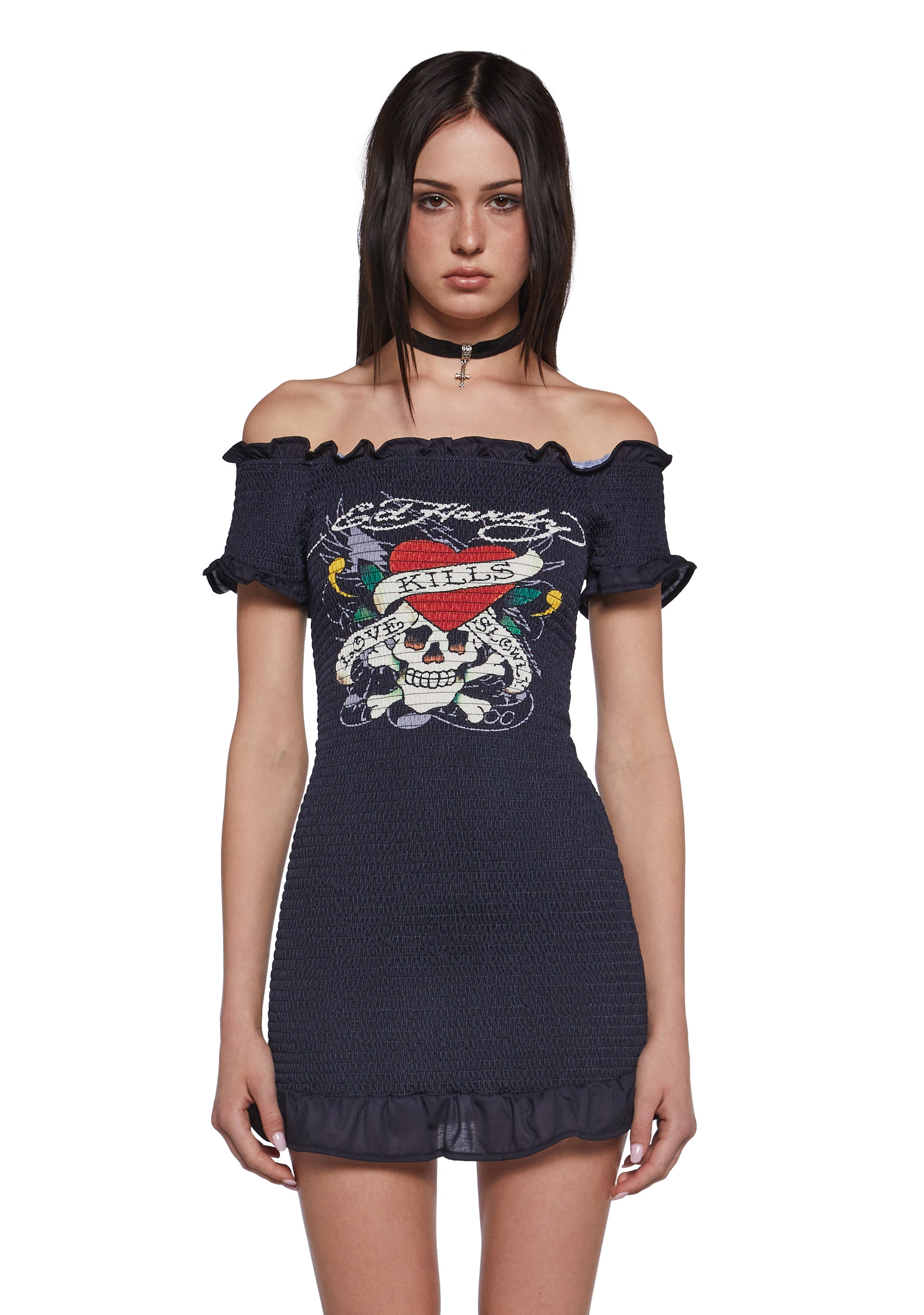 Ed Hardy Skull Love Kills Slowly Smocked Mini Dress - Black Dolls Kill Ed Hardy Skull Love Kills Slowly Smocked Mini Dress - Black Dolls Kill