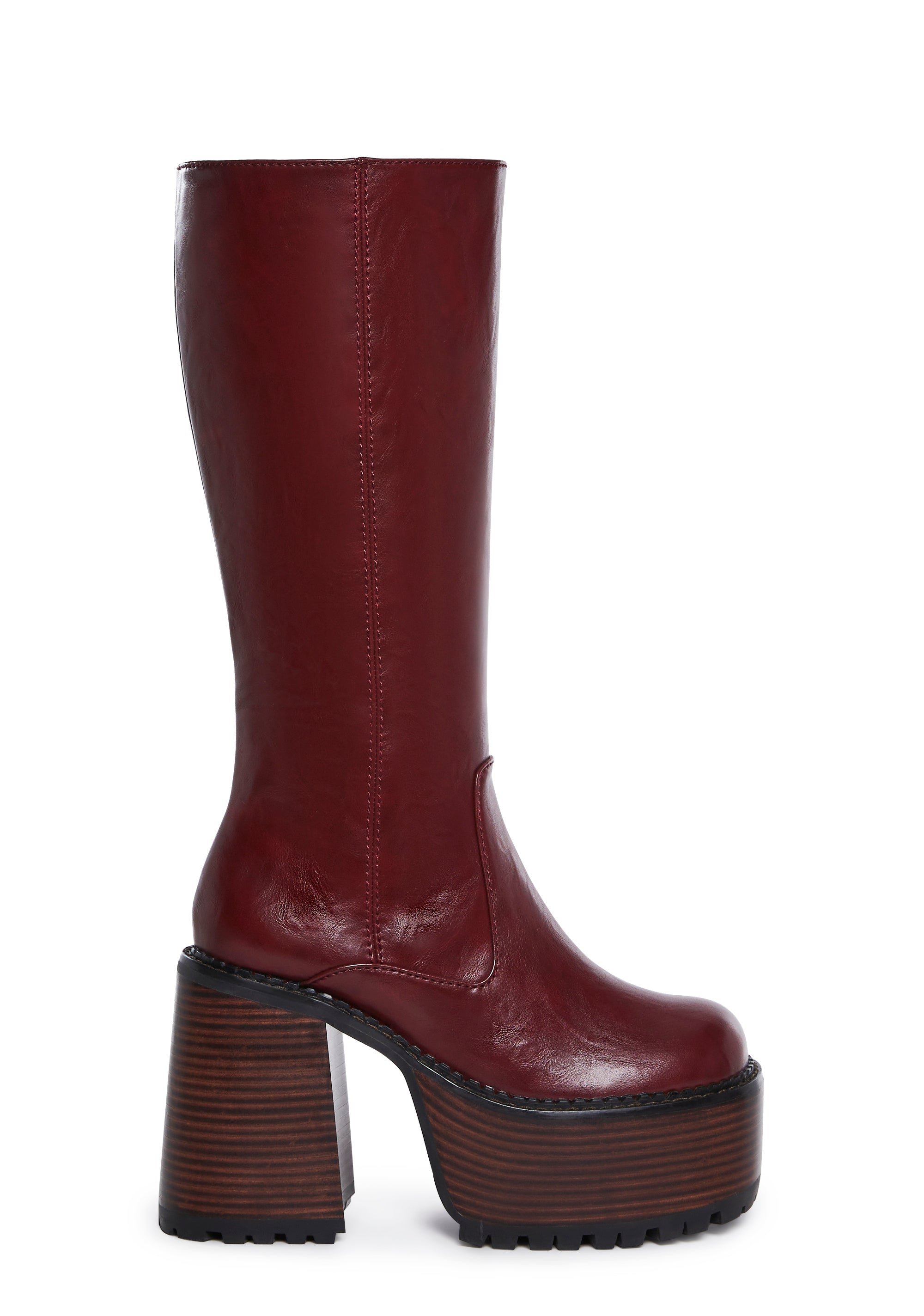 Womens PU Knee High Platform Boots Delias - Burgundy – Dolls