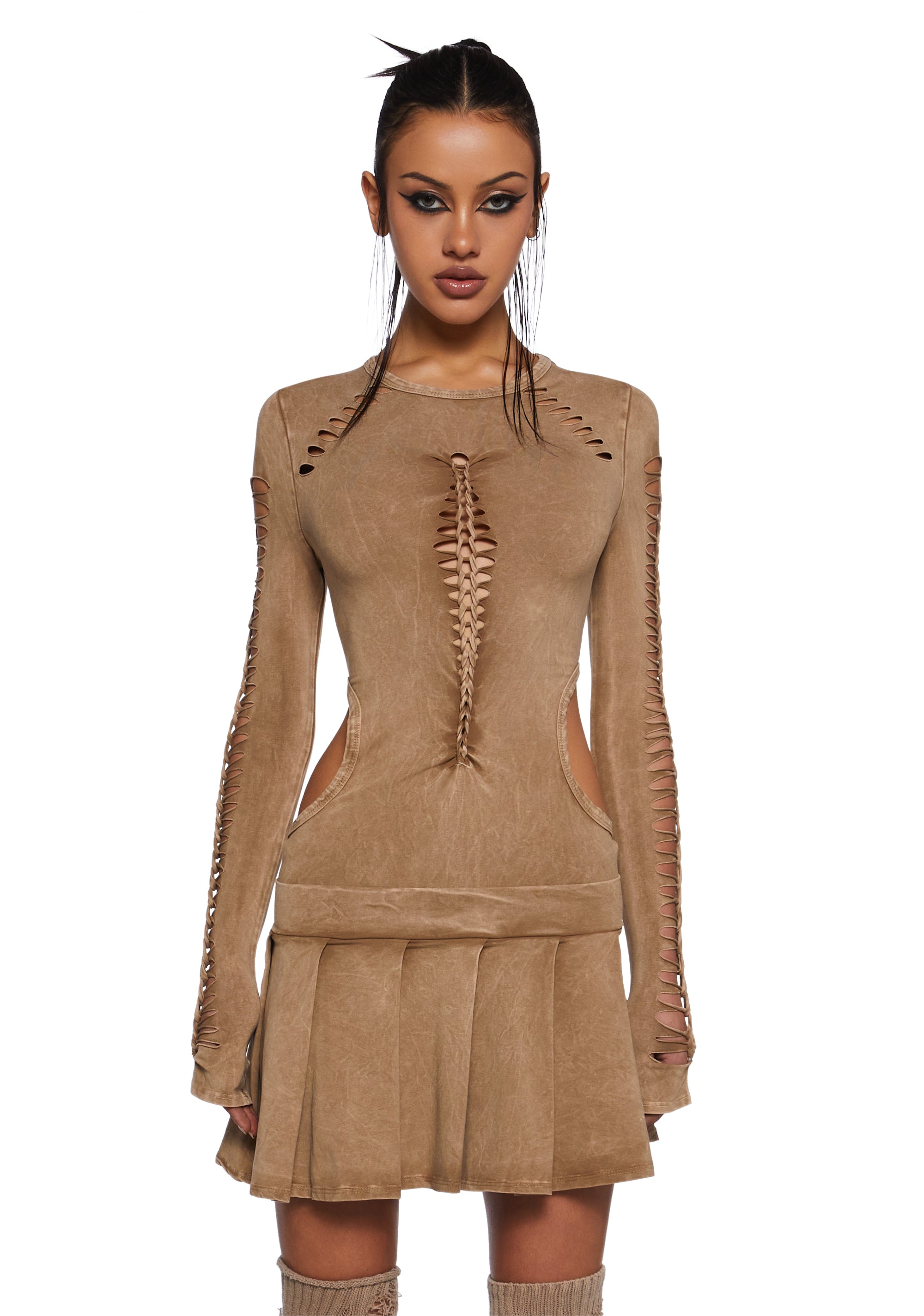 Shredded Mini Dress With Long Sleeves - Gold  Dolls Kill