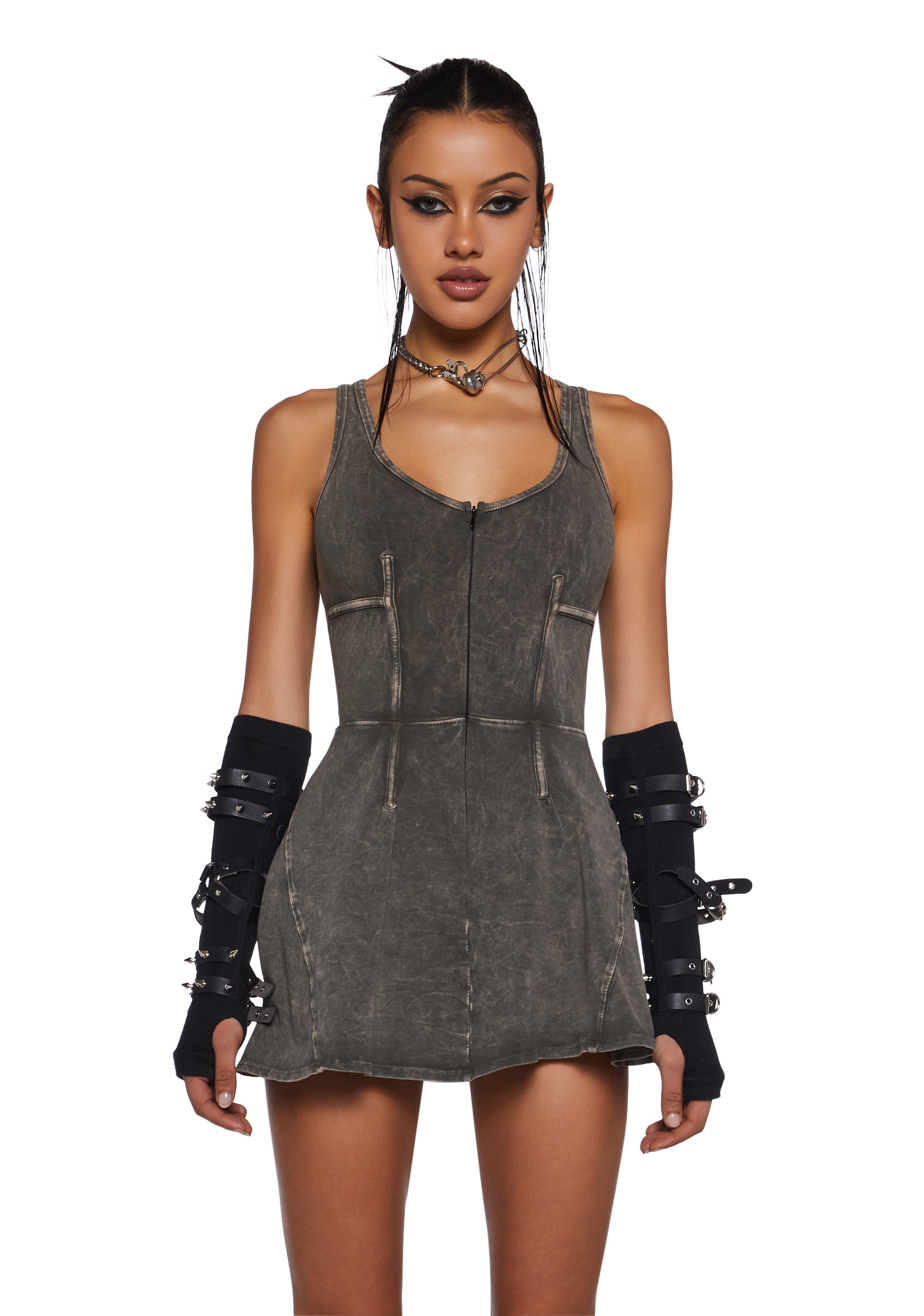 Stretchy Washed Knit Racerback Zip-Up Mini Dress - Dark