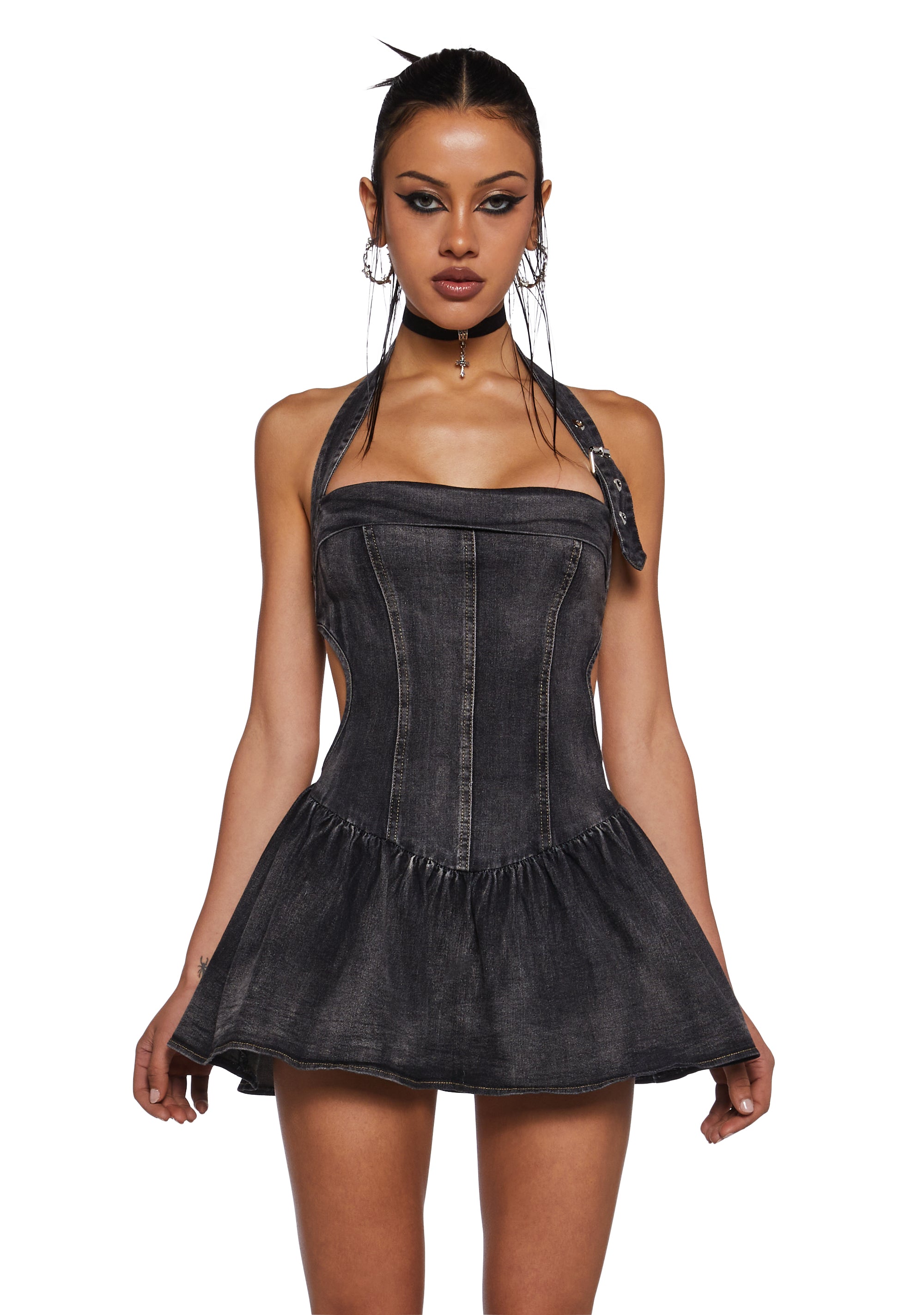 Denim Halter Mini Dress - Black Denim Halter Mini Dress - Black