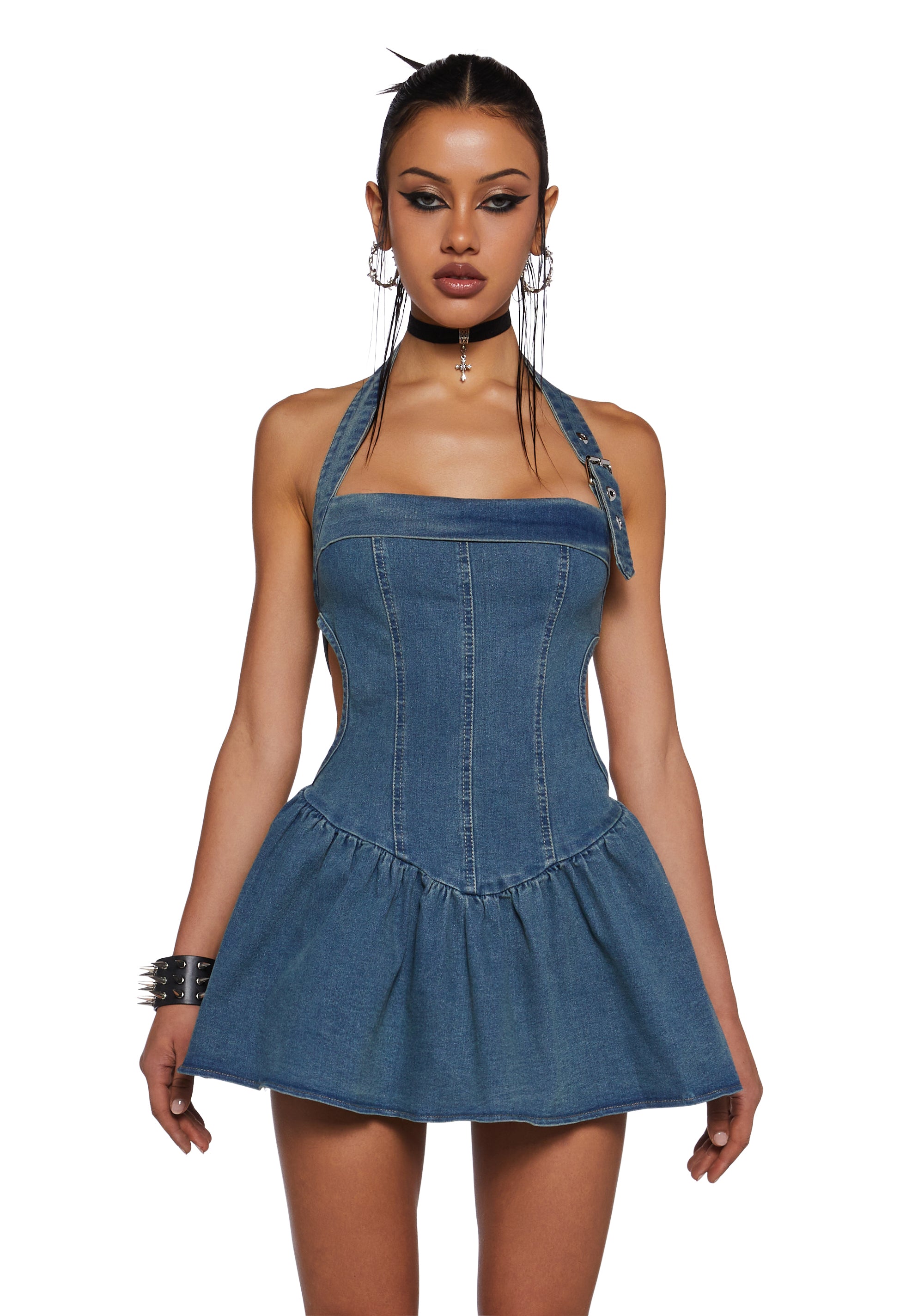 Denim Halter Mini Dress - Blue Dolls Kill Denim Halter Mini Dress - Blue Dolls Kill