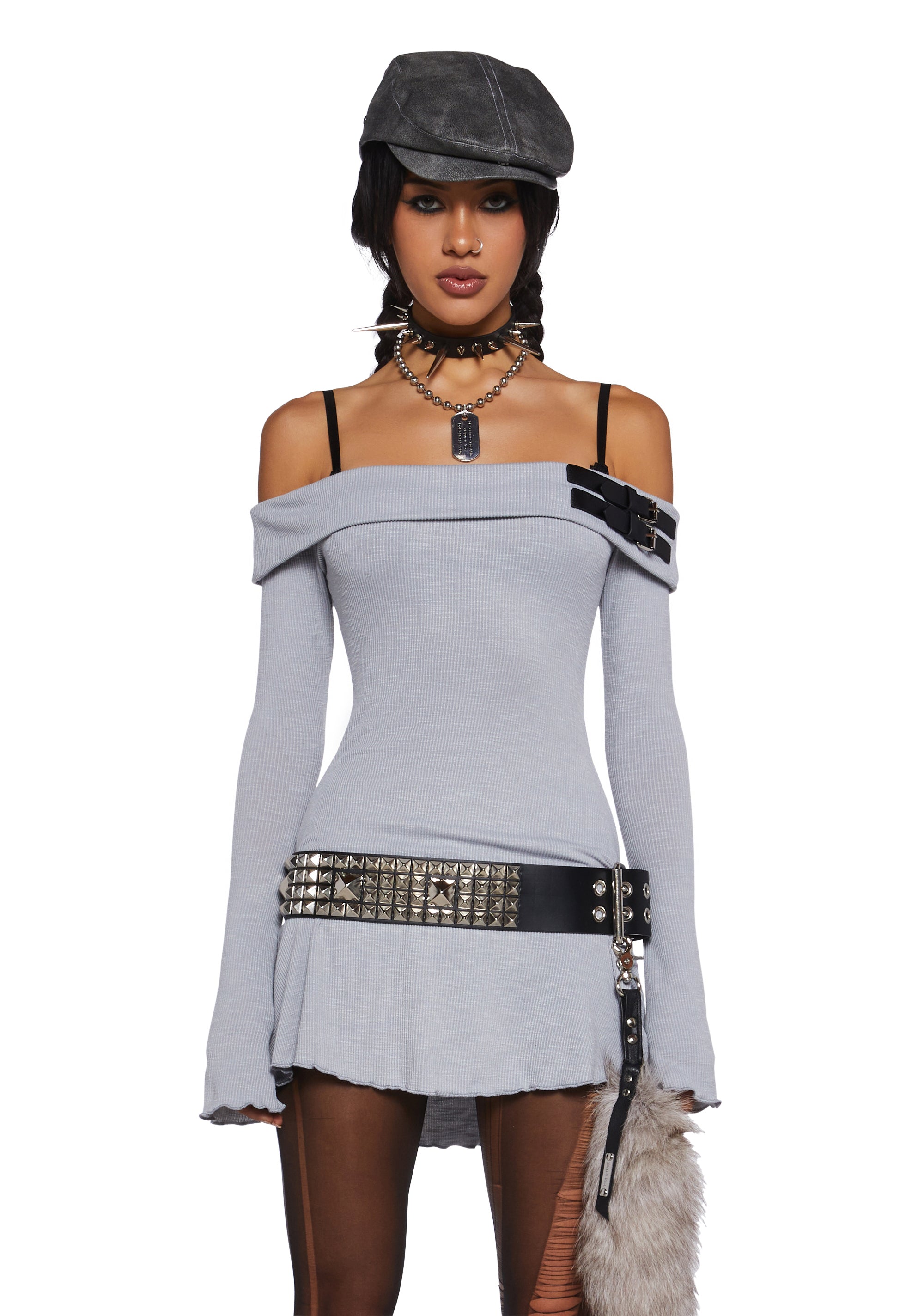 Sexy Womans Stretchy Ribbed Knit Fold Over Off-The-Shoulder Buckled Mini  Dress - Blue  Dolls Kill