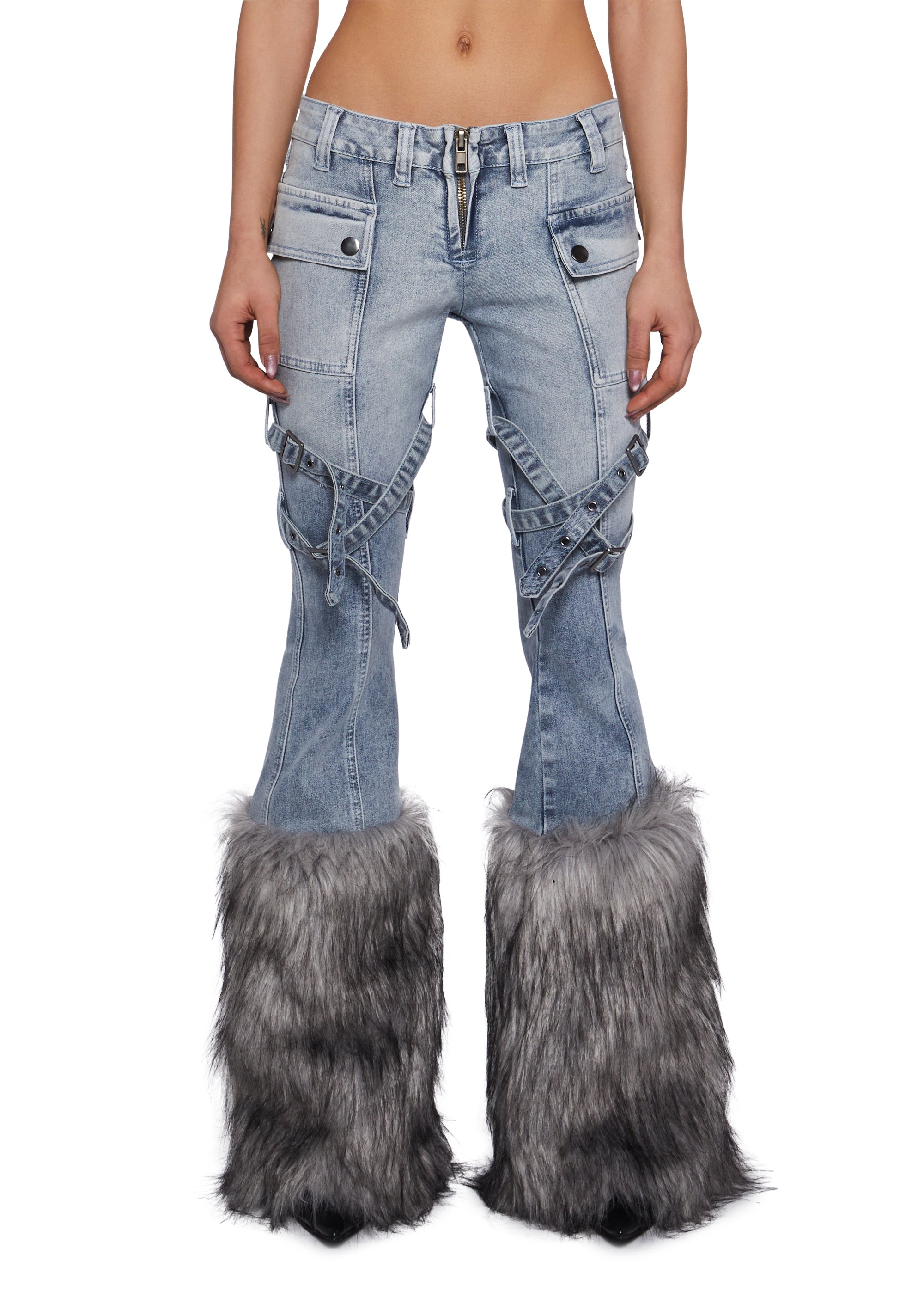 Womens Flared Washed Denim Jeans With Faux Fur Hem Generation Kiss