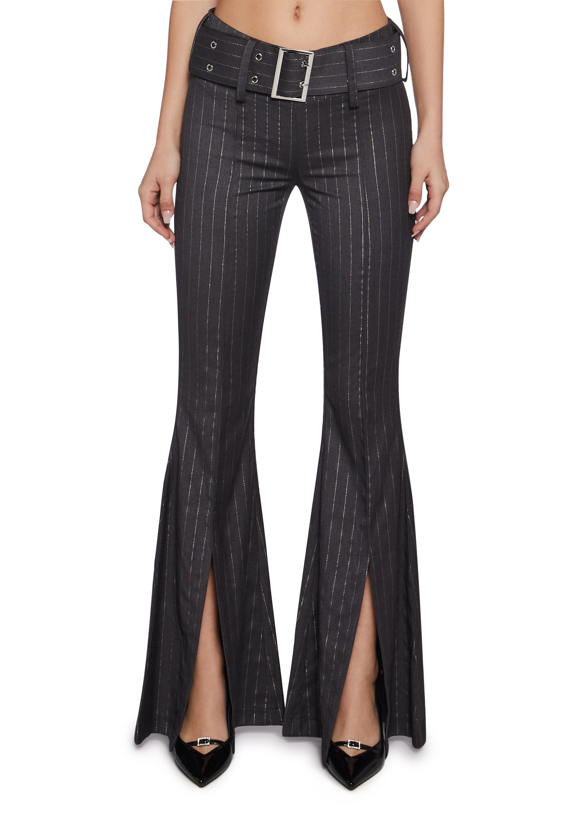 Womens Pinstripe Slit Pants With Belt - Gray – Dolls Kill