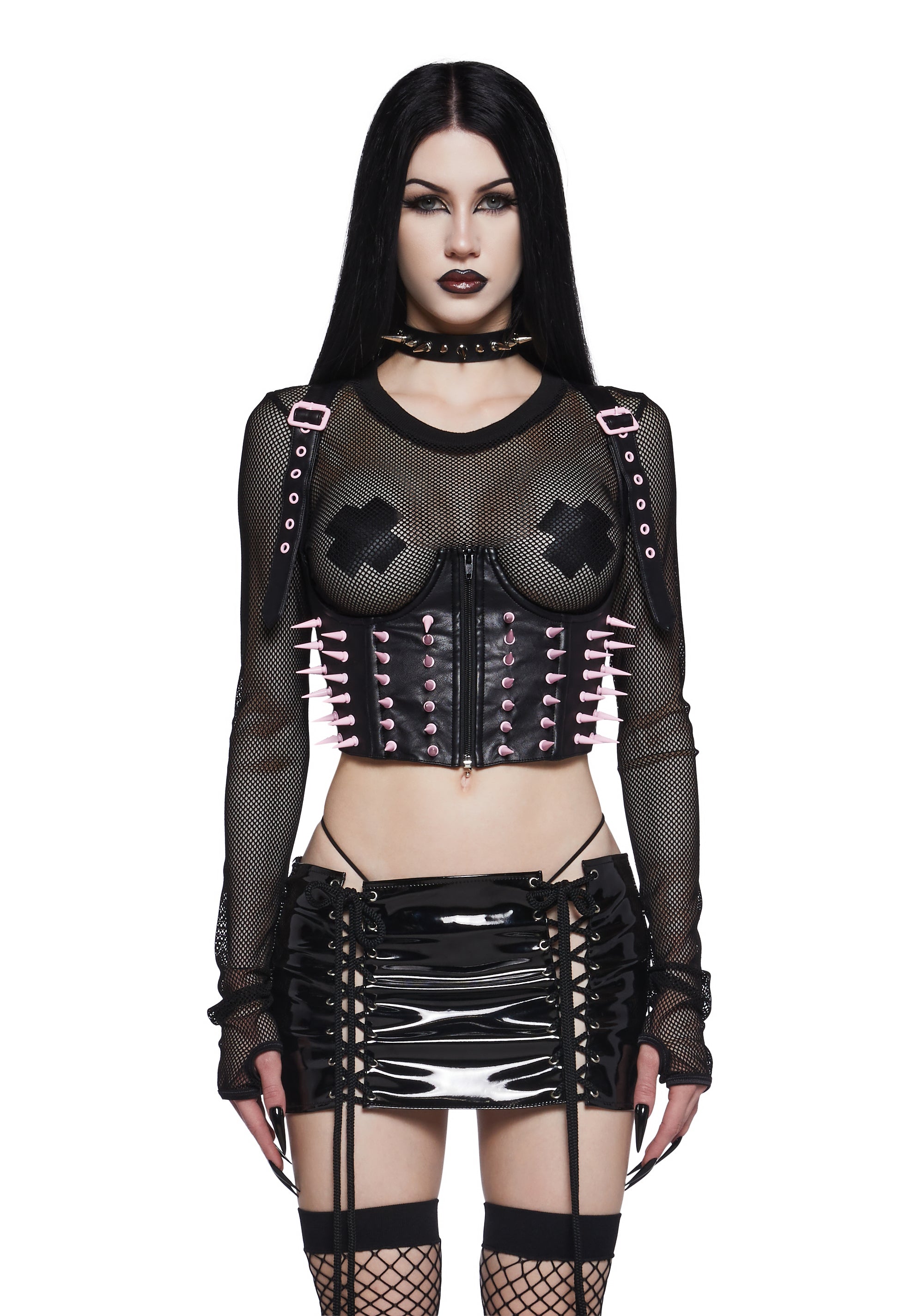 Metal Goth Spiked Underbust Corset Widow - Pink/ Black – Dolls Kill