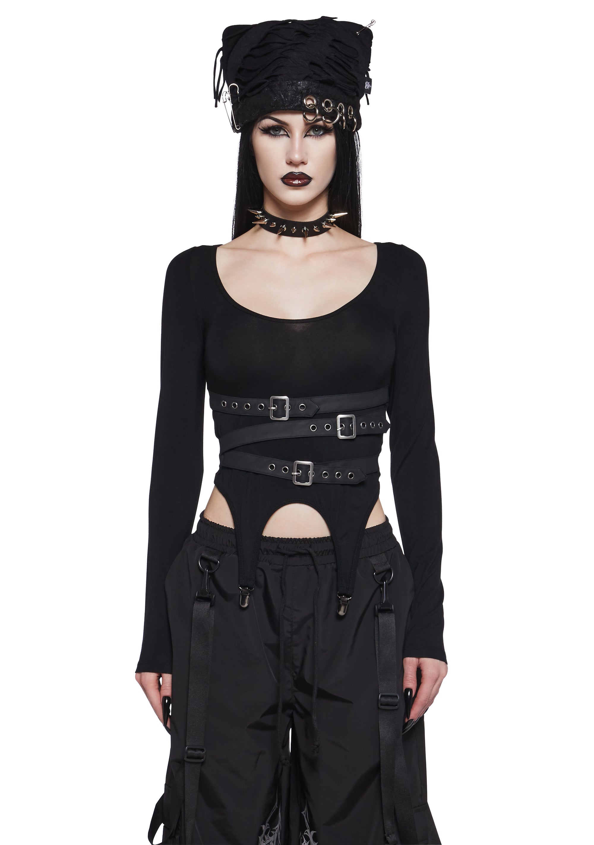 Stretchy Knit Nylon Strap Buckled Garter Long Sleeve Crop