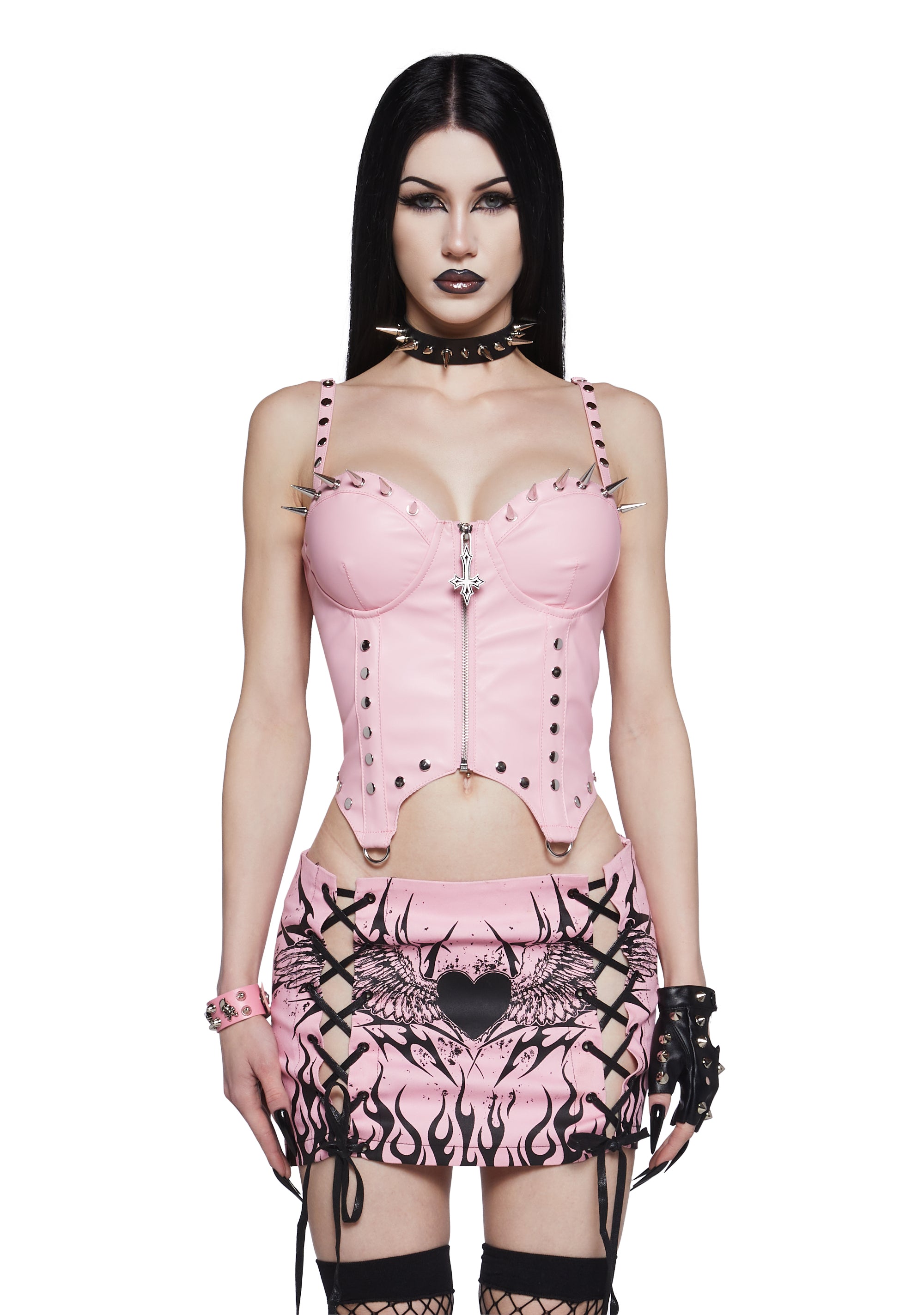 Vegan Leather Metal Spike Stud Upside Down Cross Corset Top Widow - Pink –  Dolls Kill