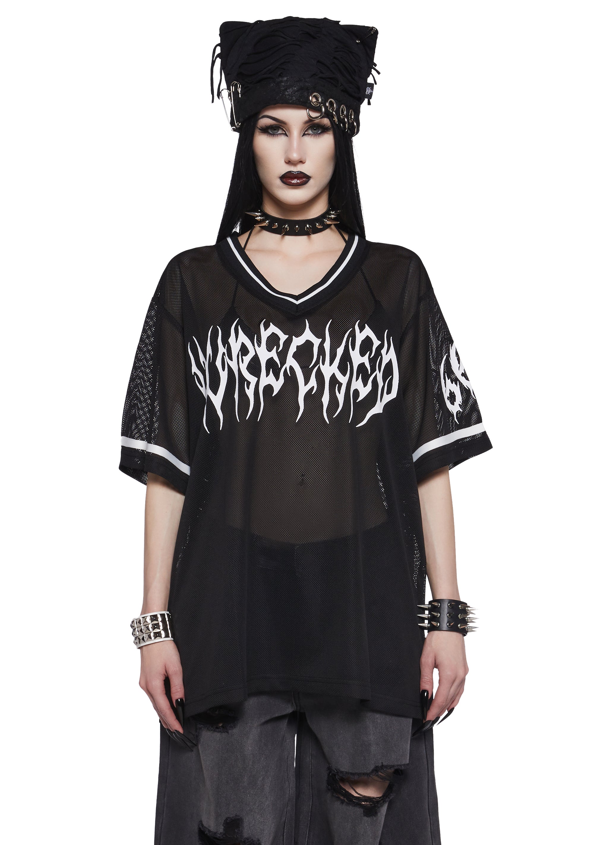 Semi-Sheer Mesh Wrecked 666 Graphic Oversized Jersey Tee Widow