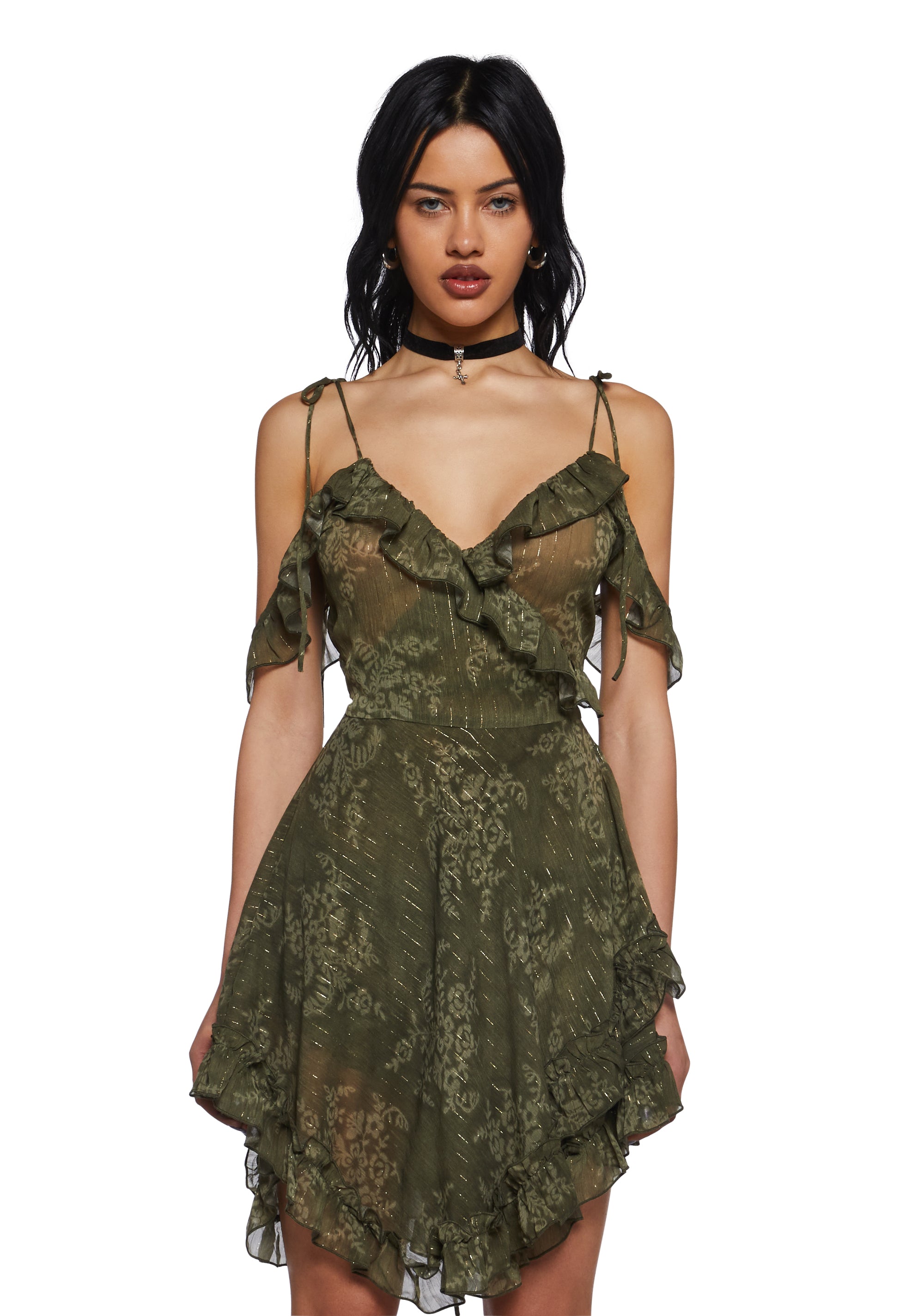 Womens Sheer Floral Chiffon Ruffled Wrap Dress Current Mood - Green Dolls Kill Womens Sheer Floral Chiffon Ruffled Wrap Dress Current Mood - Green Dolls Kill