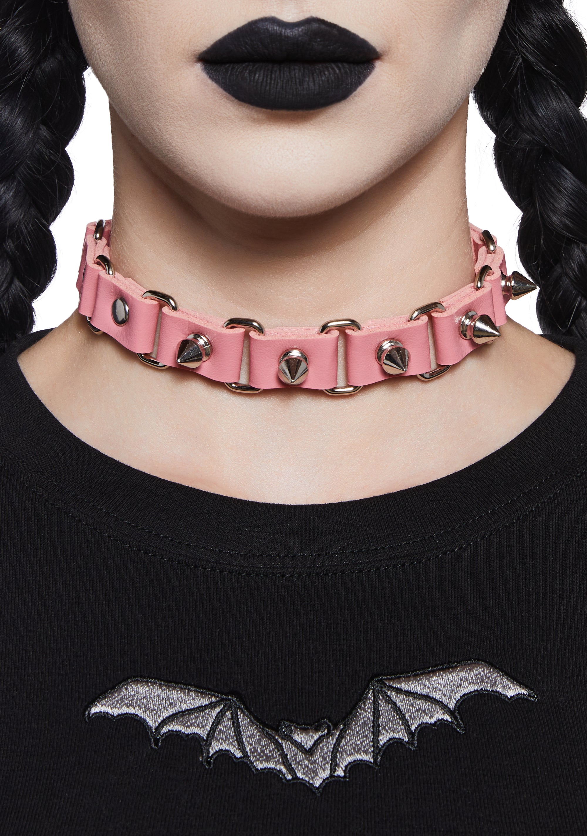 Hot Pink Choker Necklace Womens Vegan Leather Spiked Choker