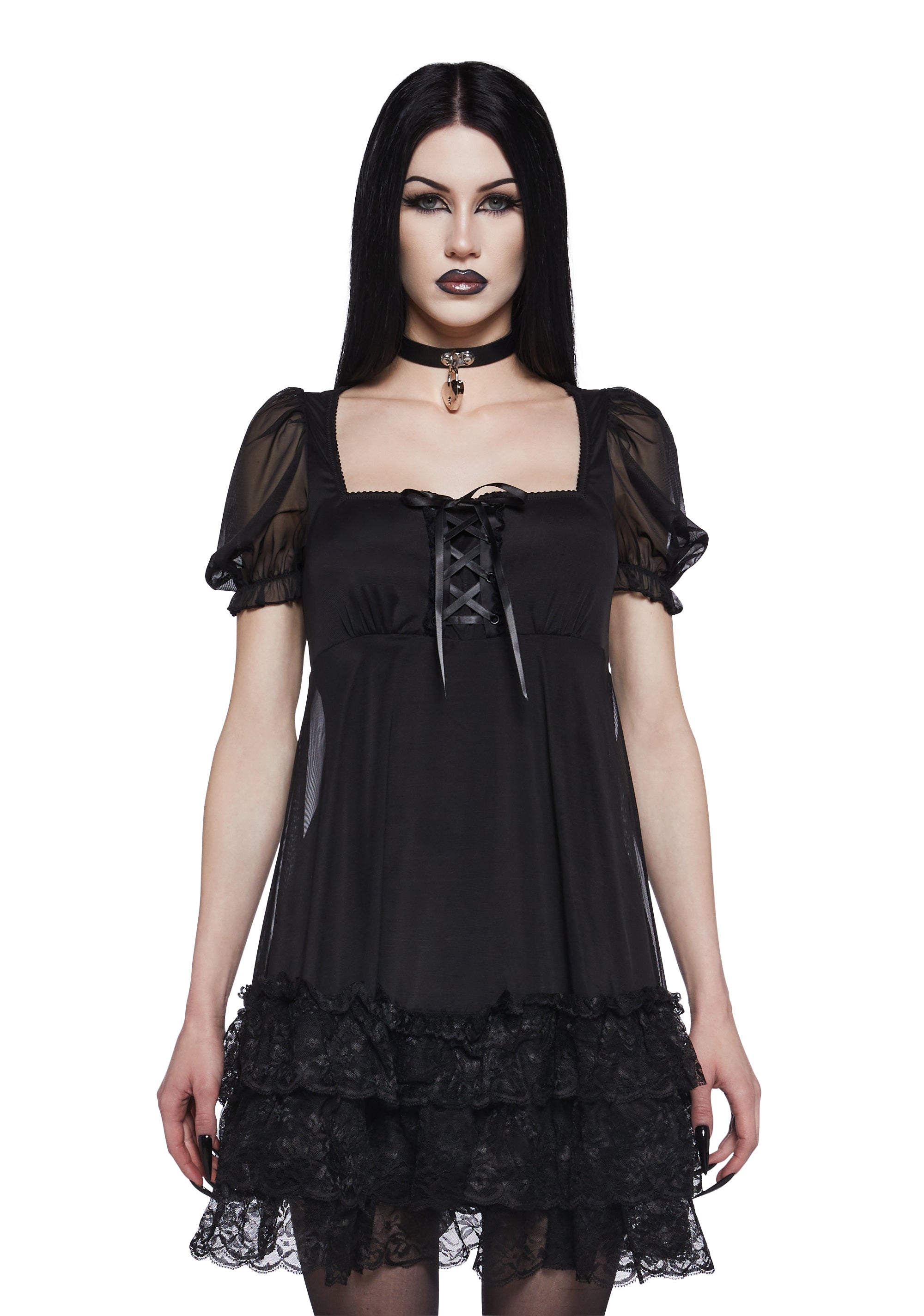 Chiffon Ruffled Lace Short Puff Sleeve Babydoll Dress Widow - Black Chiffon Ruffled Lace Short Puff Sleeve Babydoll Dress Widow - Black