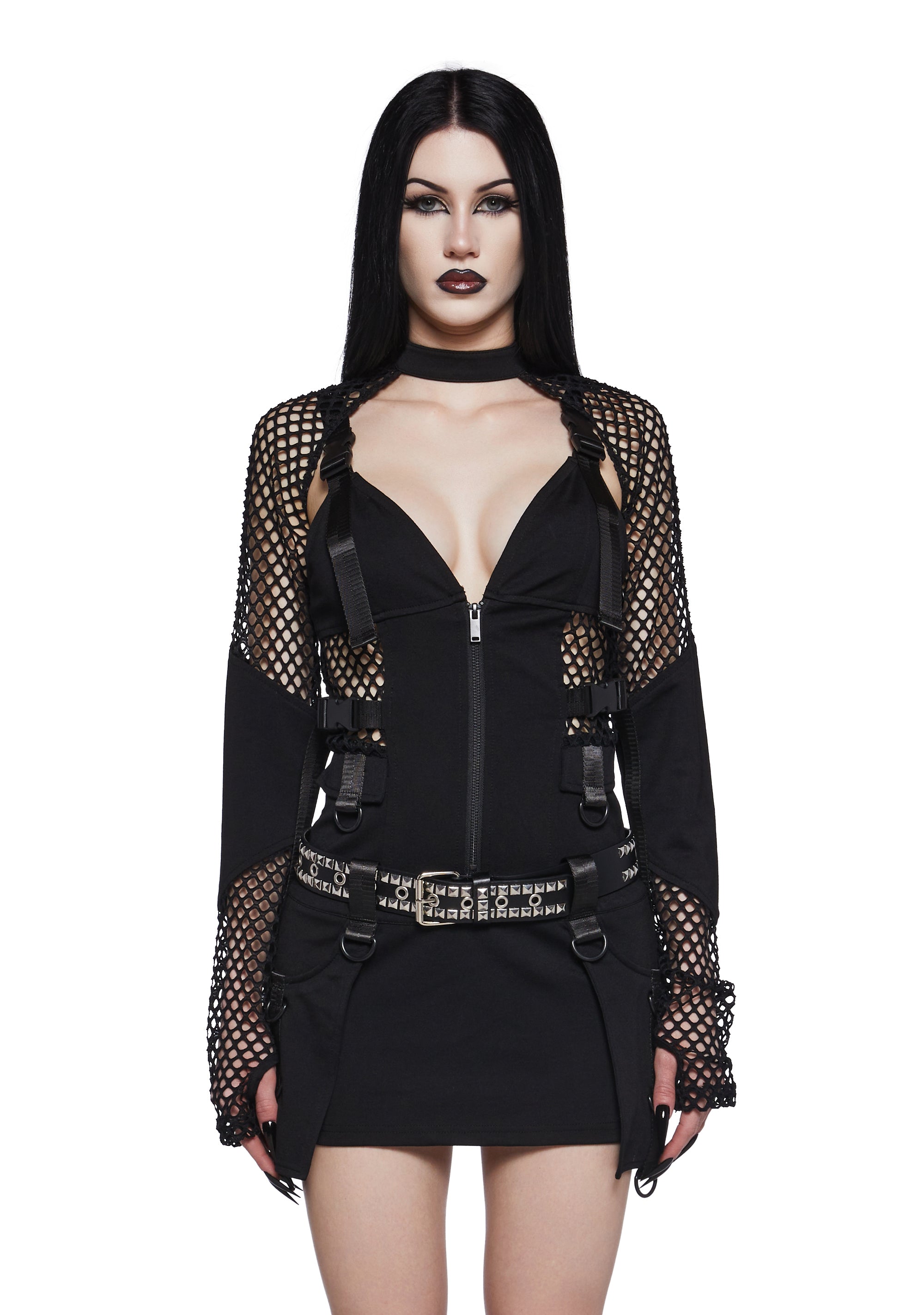 Nylon Sheer Fishnet Mesh Bodycon Mini Dress And Shrug Set Widow - Black Dolls Kill Nylon Sheer Fishnet Mesh Bodycon Mini Dress And Shrug Set Widow - Black Dolls Kill