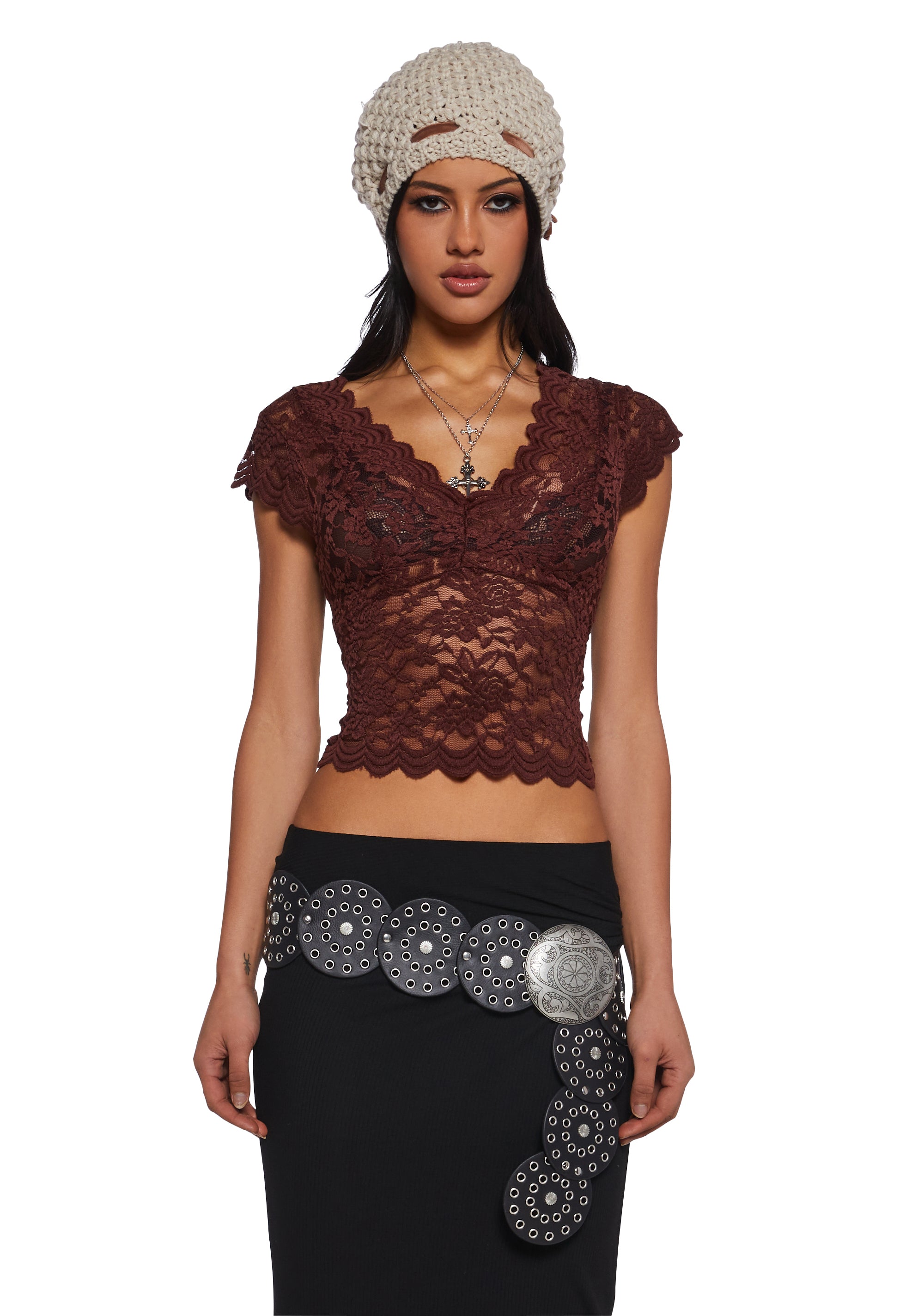 Sheer Lace Crop Top With Scallop Trim - Brown – Dolls Kill