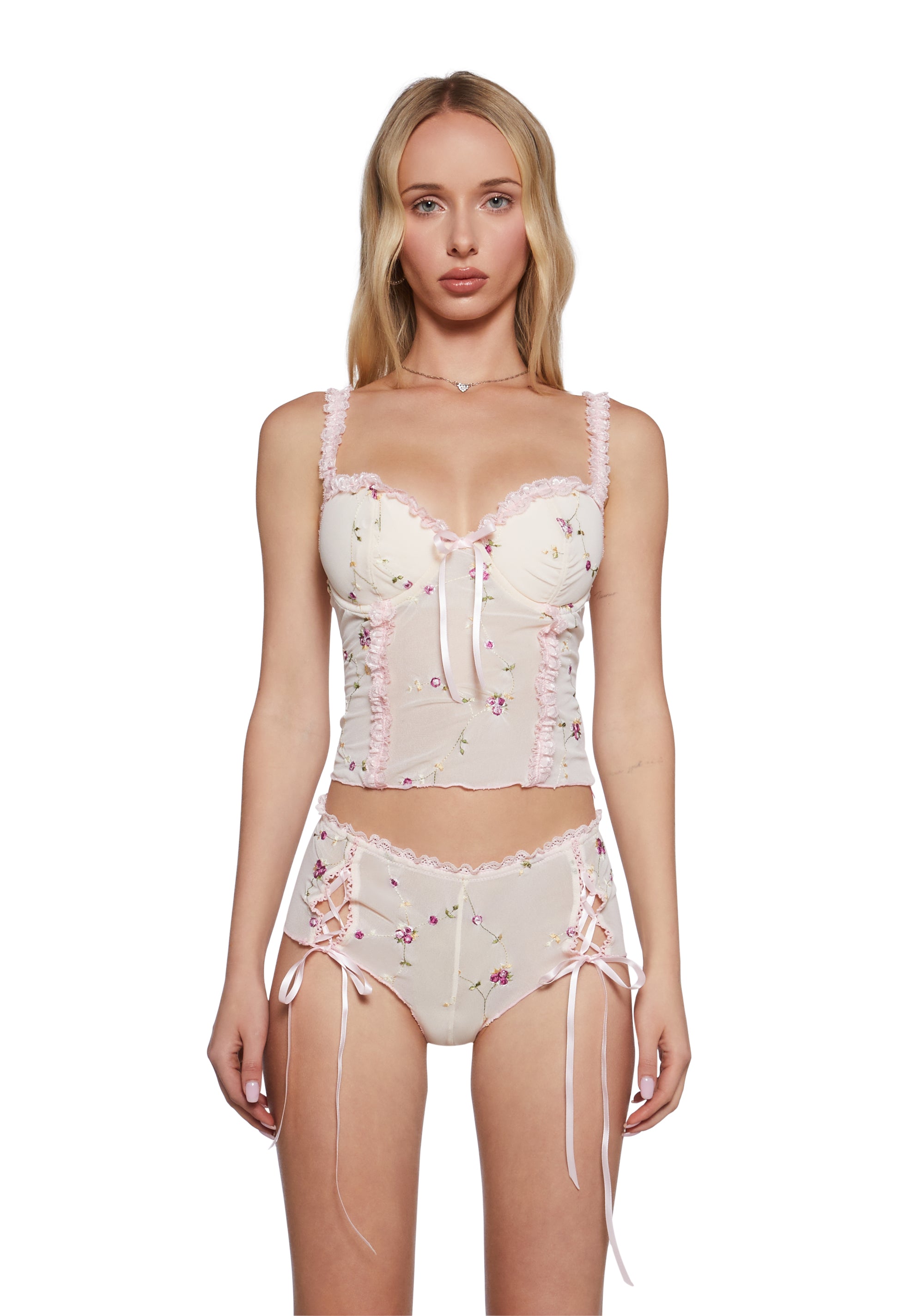 Womens Sexy Floral Corset Top And Boyshorts Lingerie Set