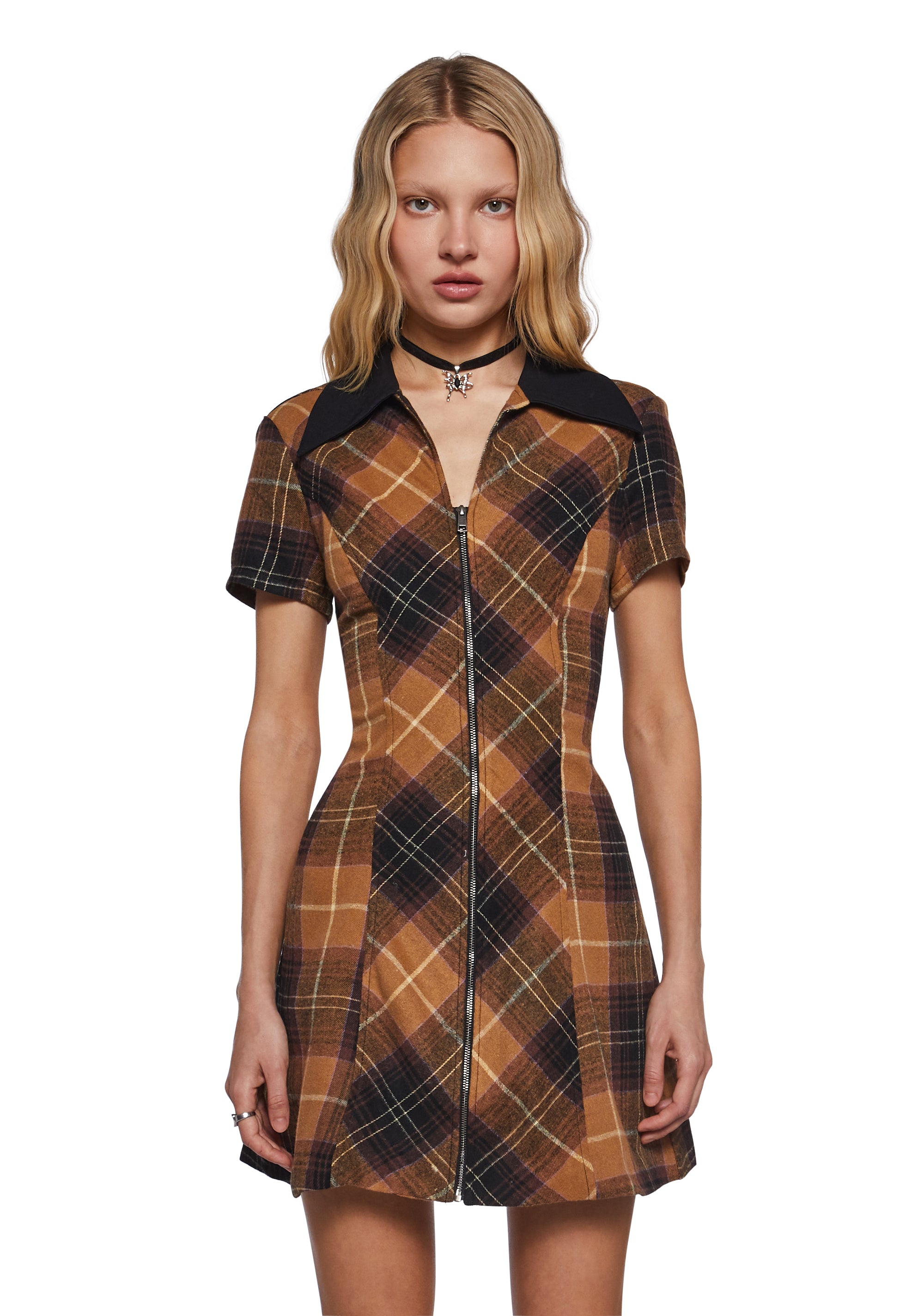 Plaid Collared Mini Dress Delia's - Brown Dolls Kill Plaid Collared Mini Dress Delia's - Brown Dolls Kill
