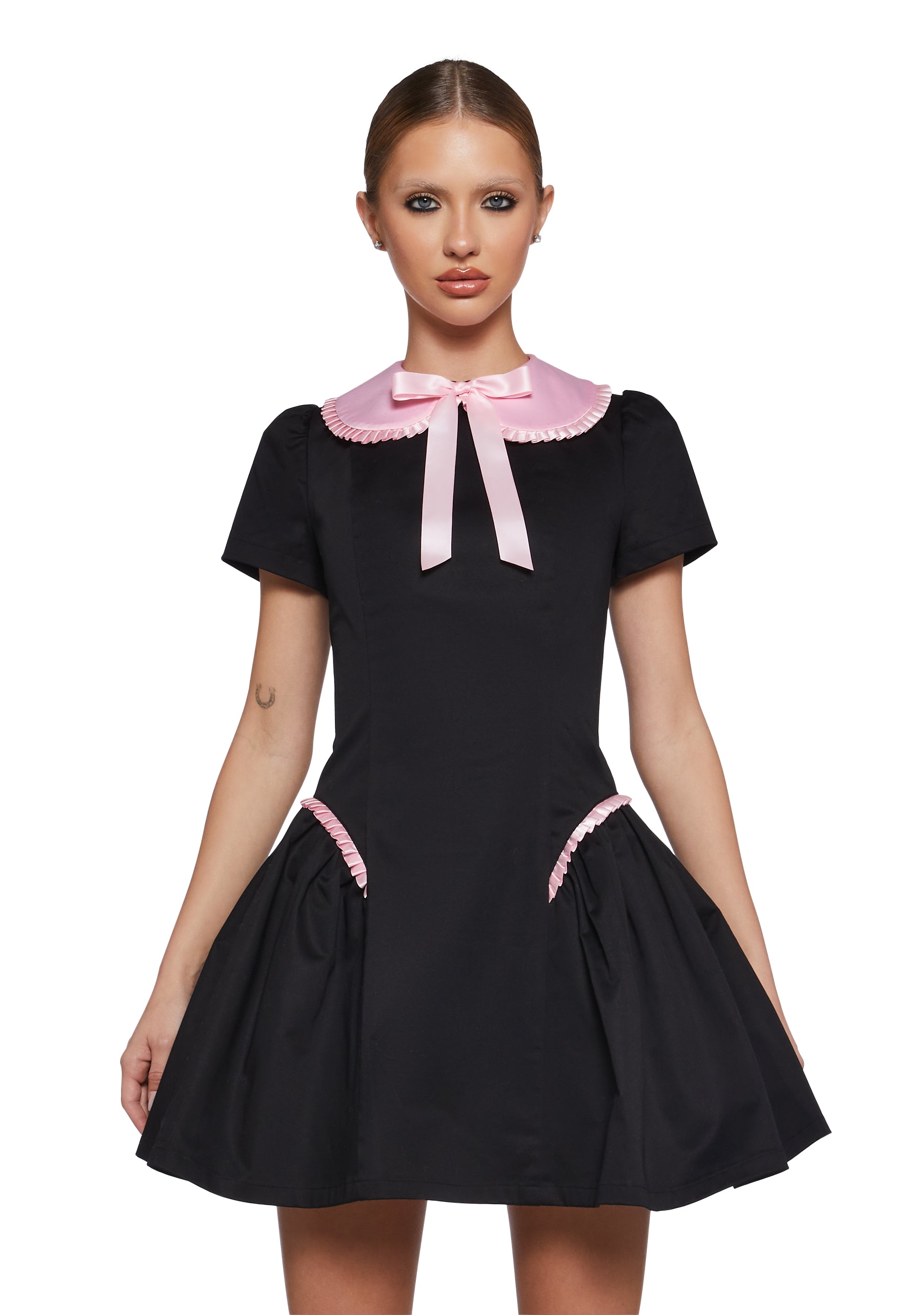 Twill Pleated Ruffle Peter Pan Collar Mini Dress Sugar Thrillz - Black Dolls Kill Twill Pleated Ruffle Peter Pan Collar Mini Dress Sugar Thrillz - Black Dolls Kill