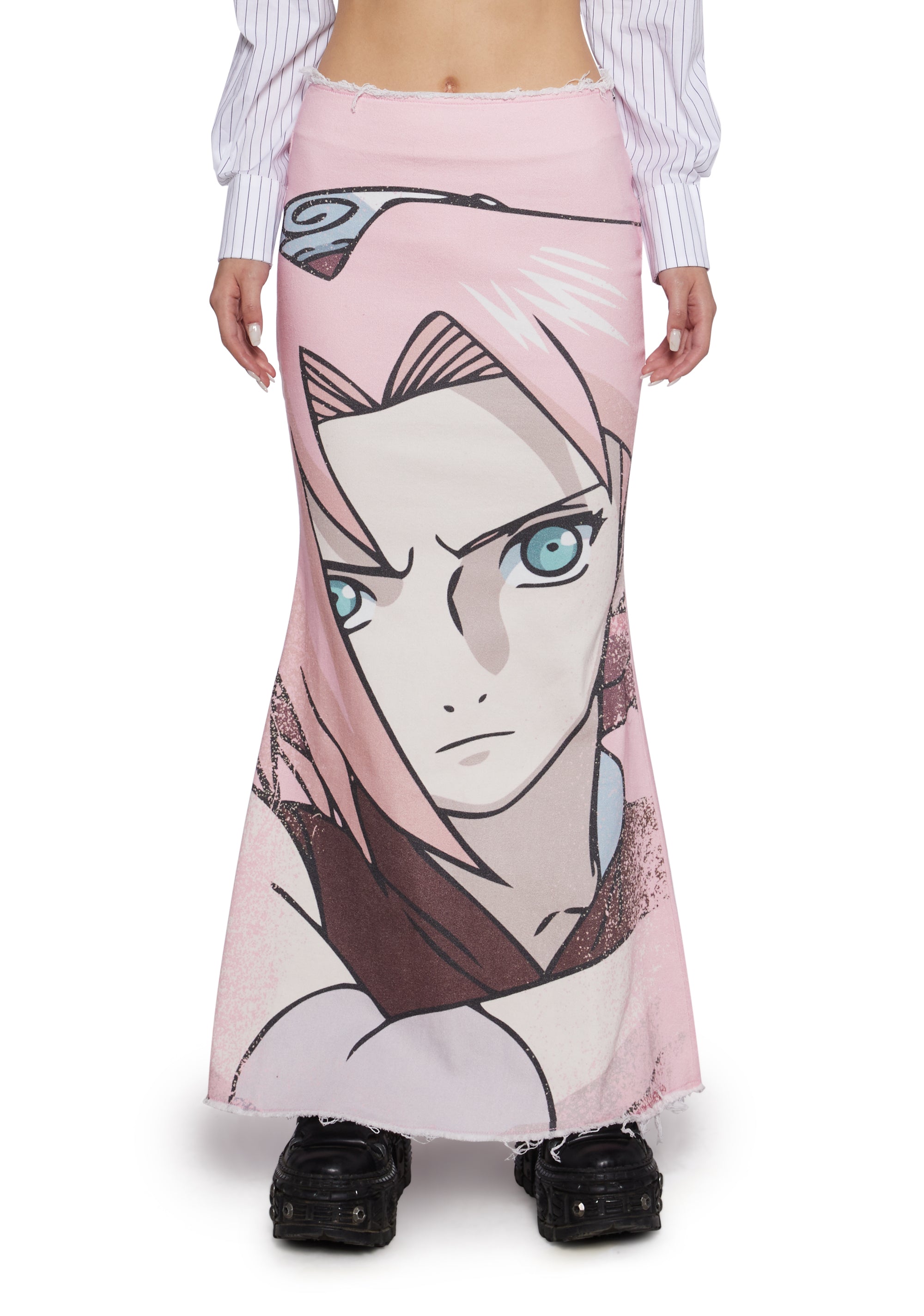 Dolls Kill x NARUTO SHIPPUDEN Sakura Graphic Frayed Denim Maxi Skirt -  Light Pink