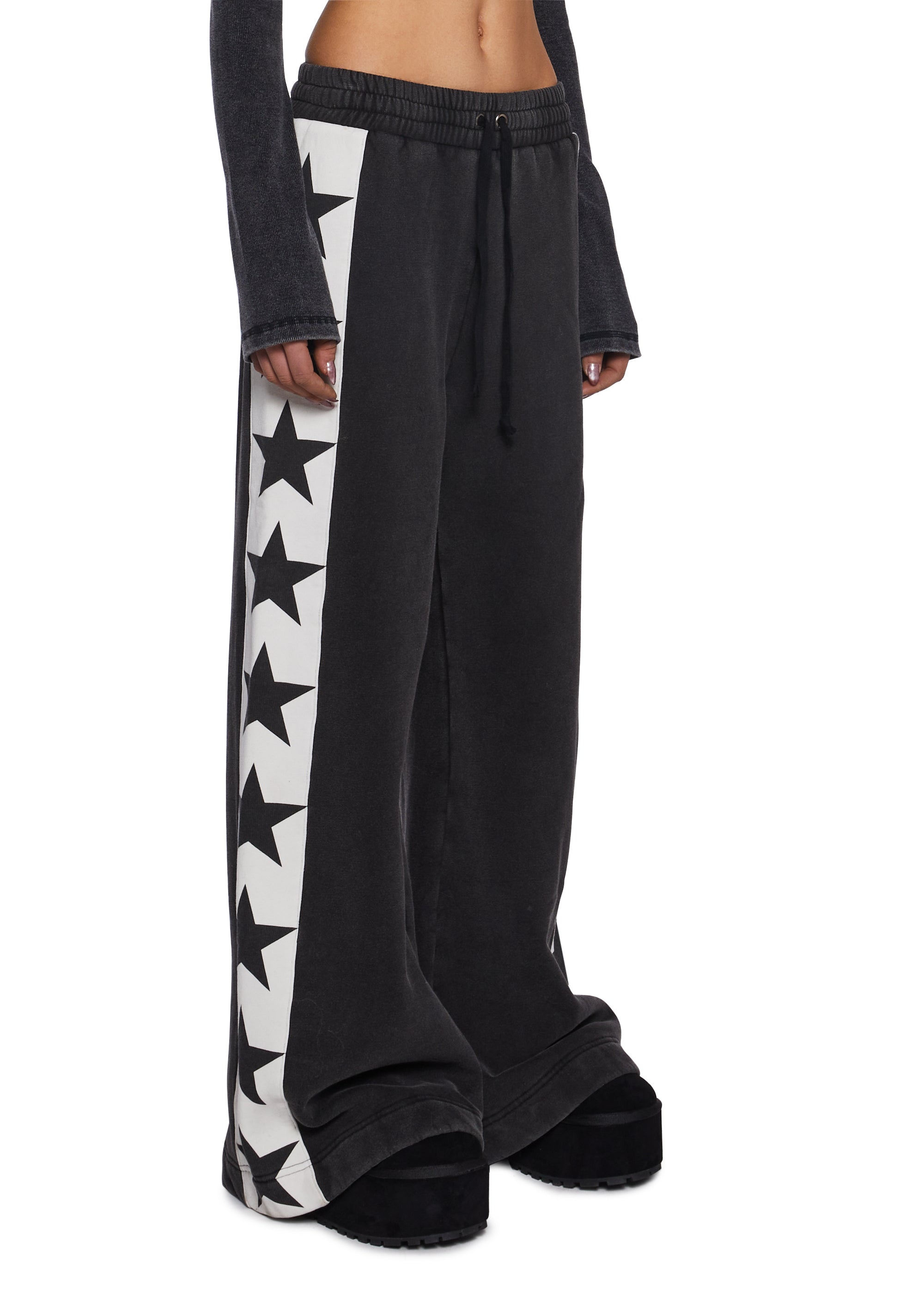 Womens Washed Wide Leg Sweatpants With Stars Current Mood Black