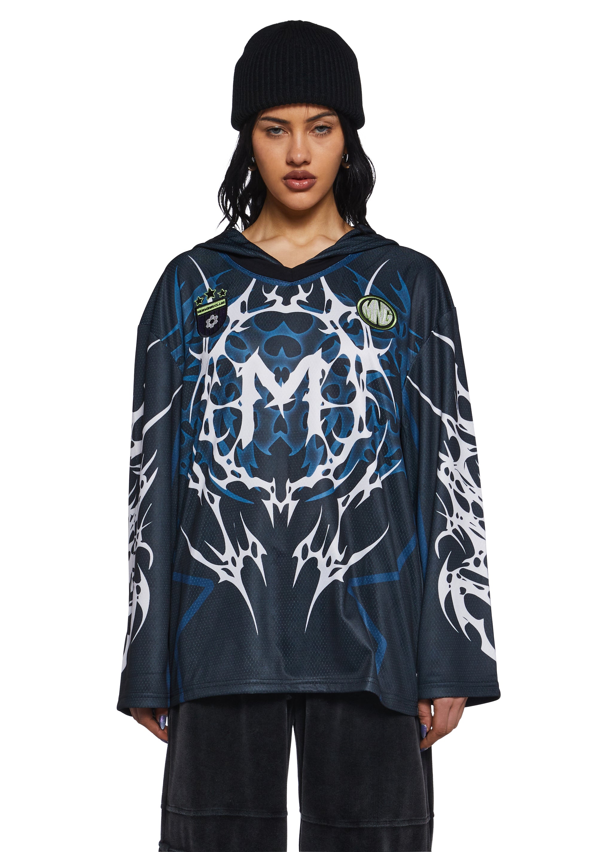 Minga Tribal Football Oversized Jersey With Hoodie- Multi – Dolls Kill