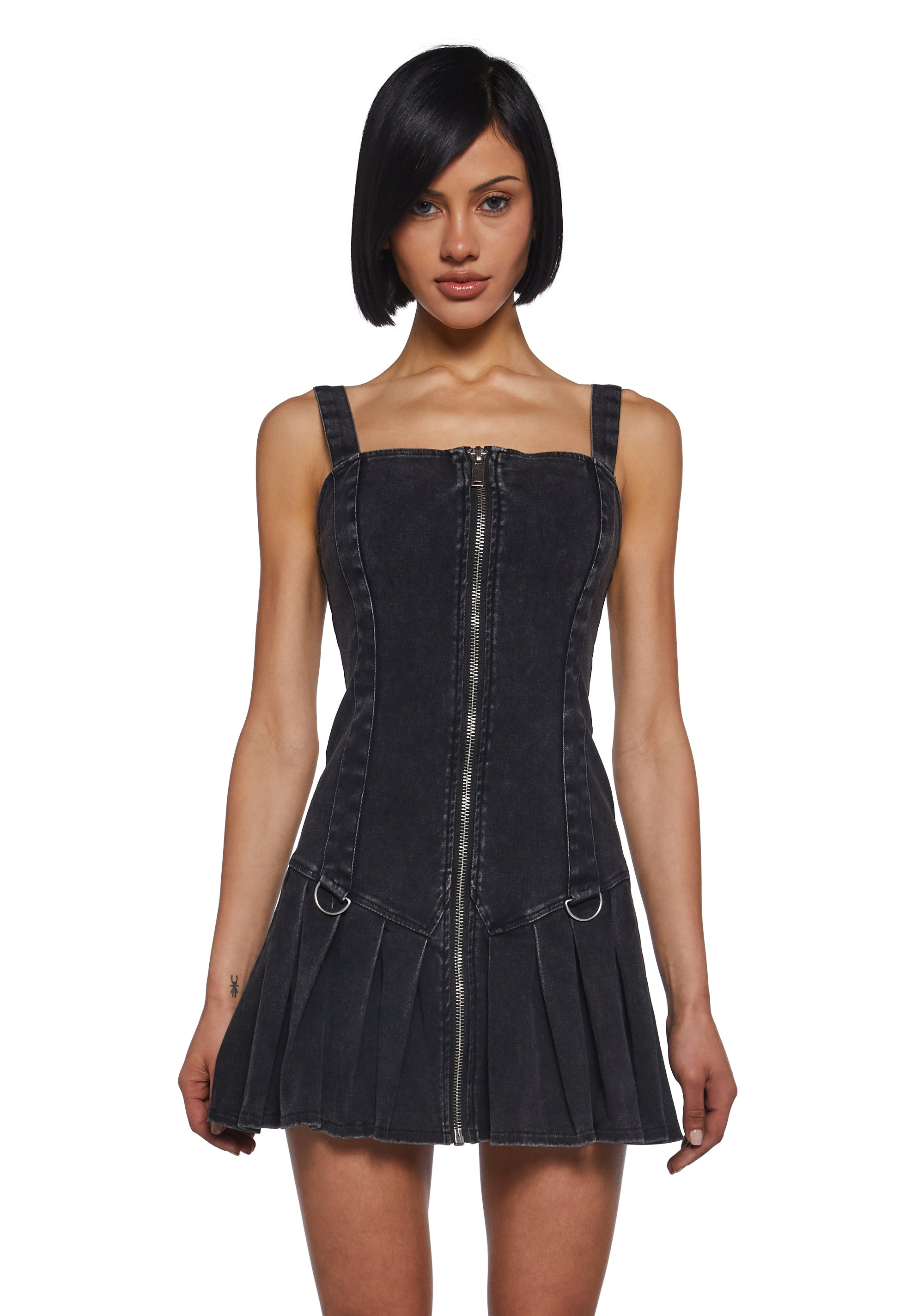 Womens Washed Denim Mini Dress With Front Zipper Closure Current Mood - Black Dolls Kill Womens Washed Denim Mini Dress With Front Zipper Closure Current Mood - Black Dolls Kill