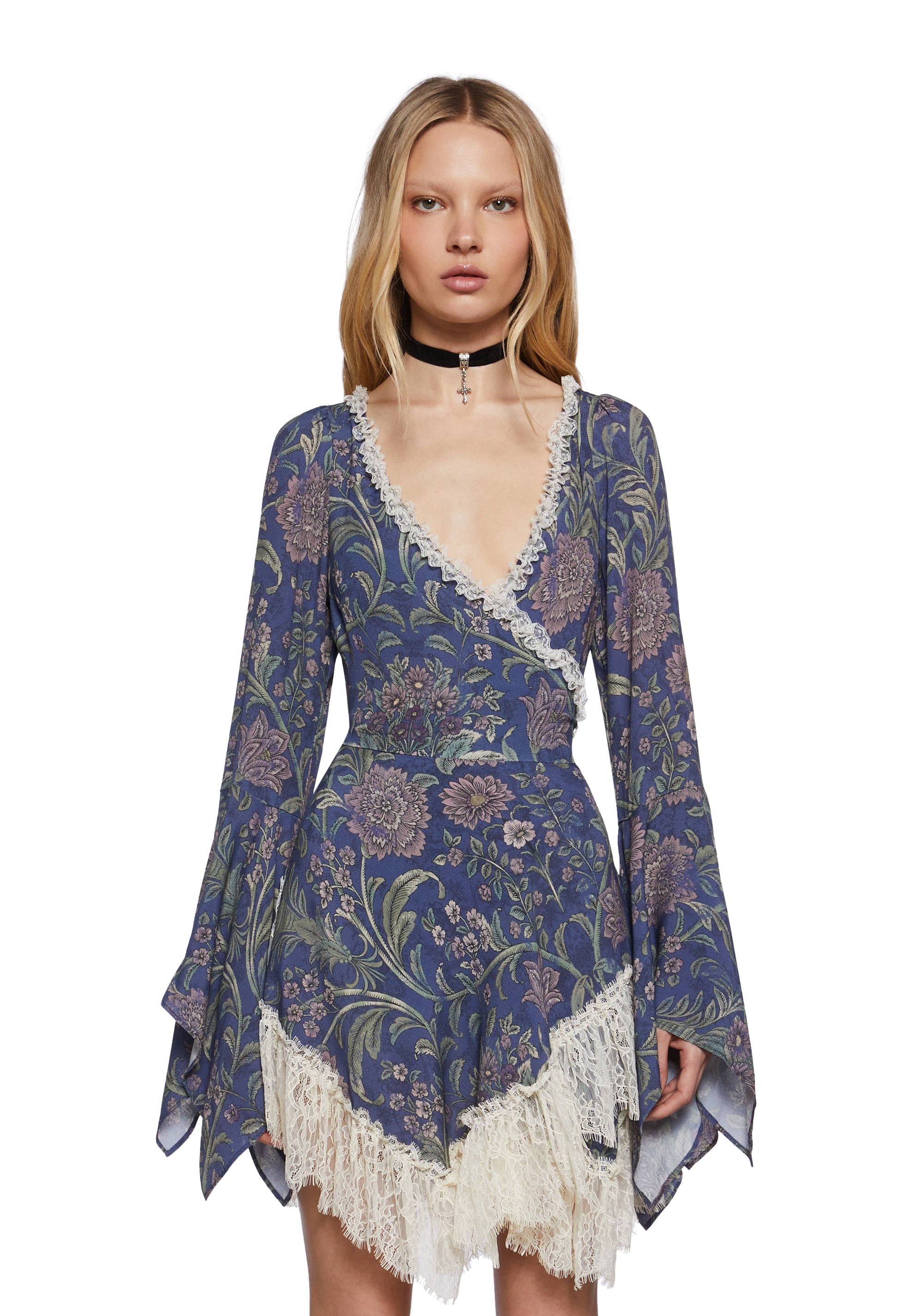 Womens Floral Lace Wrap Mini Dress Widow Womens Floral Lace Wrap Mini Dress Widow
