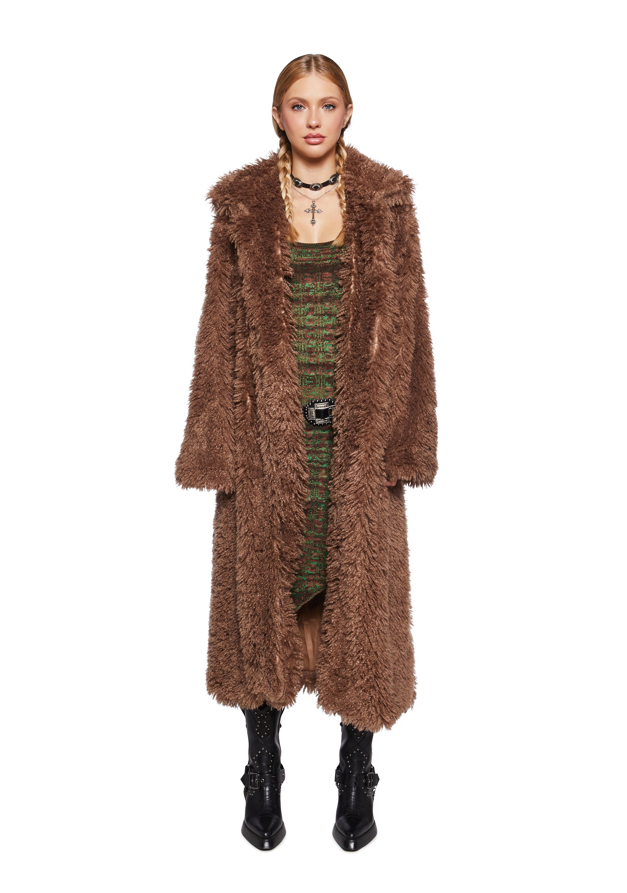 Eileen Coat - Faux Fur Trim Faux Leather Coat in Dark Brown