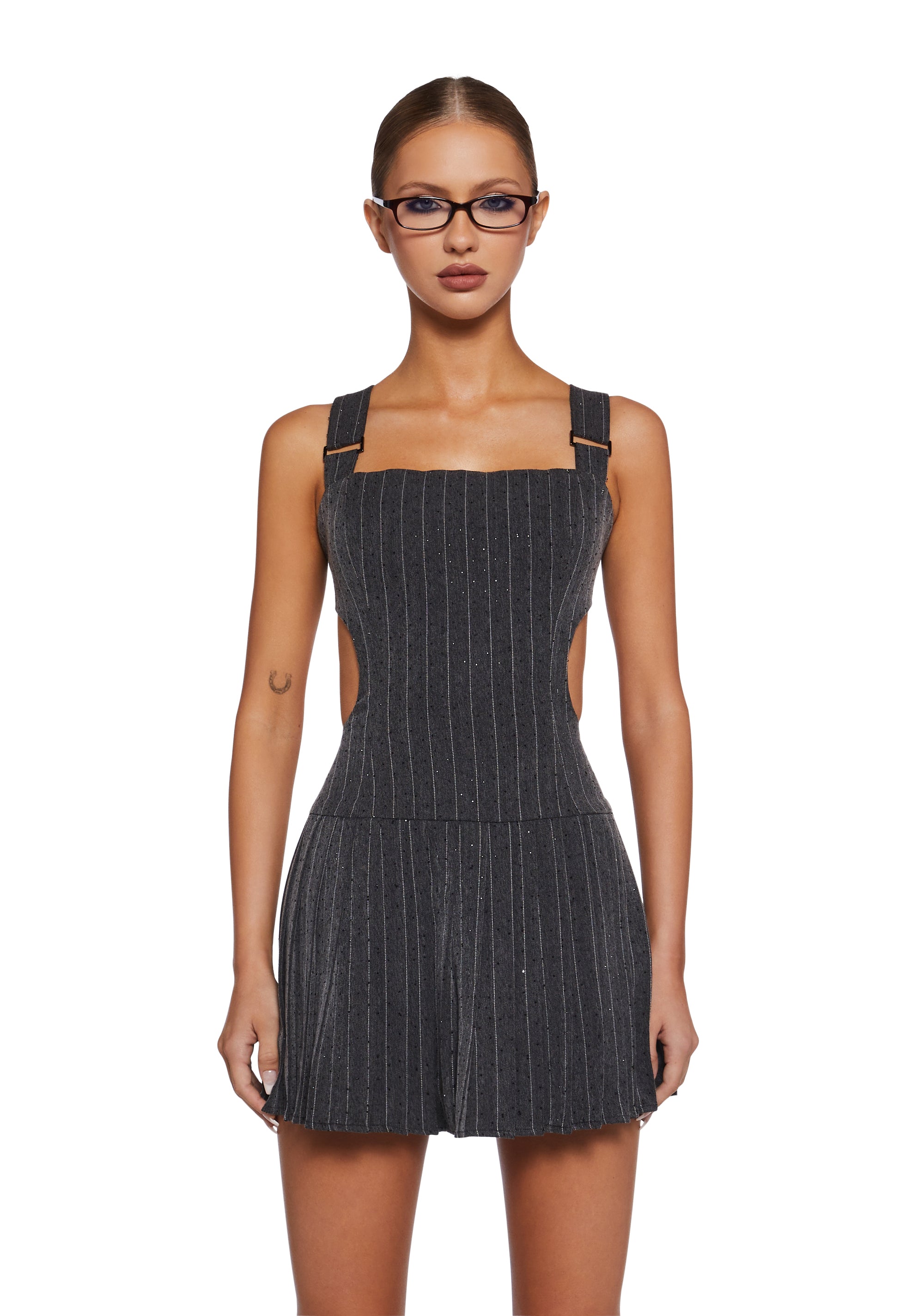 Twill Rhinestone Pinstripe Open Back Mini Dress - Black Twill Rhinestone Pinstripe Open Back Mini Dress - Black