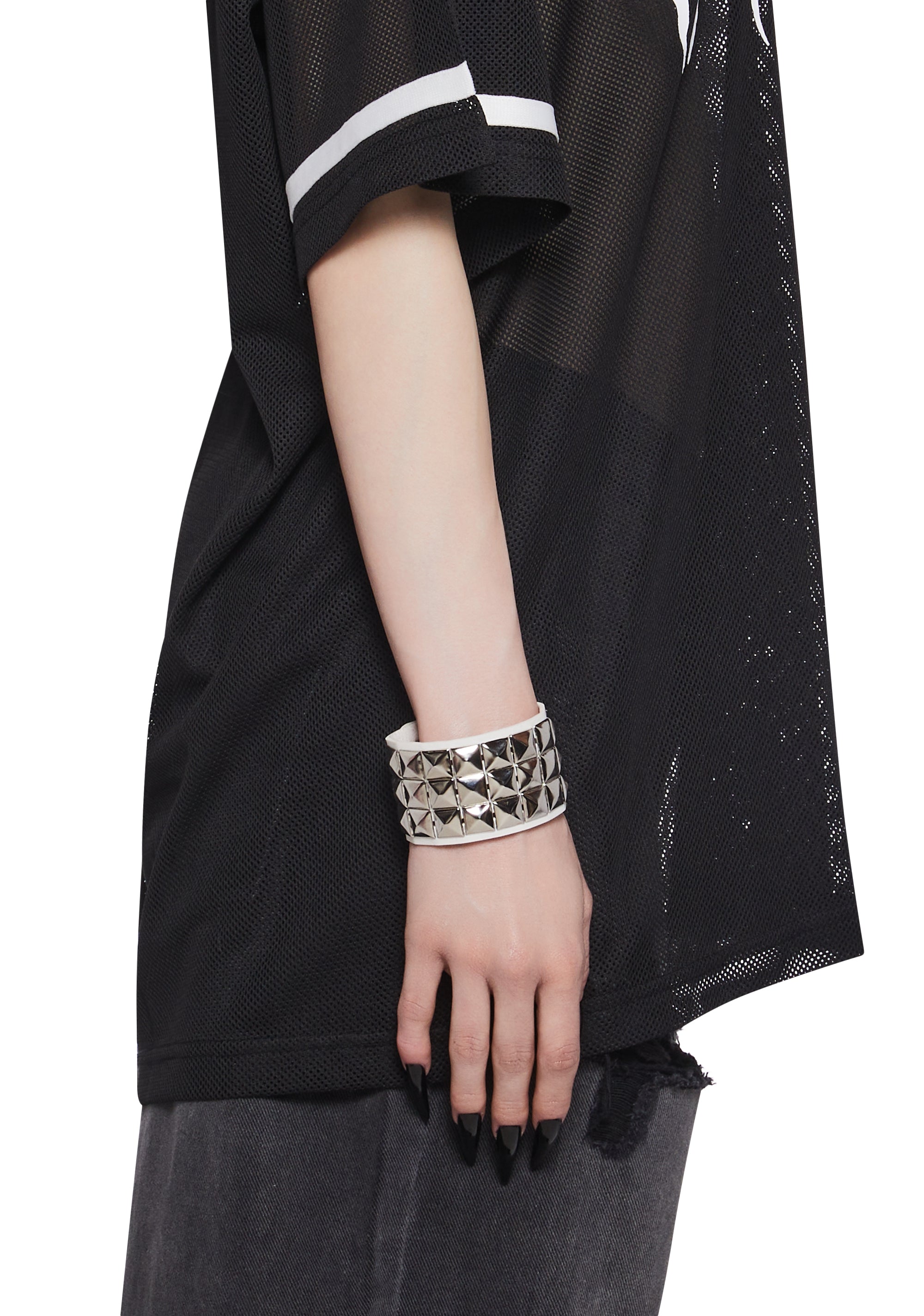 Vegan Leather Three Row Metal Pyramid Studded Bracelet - White 