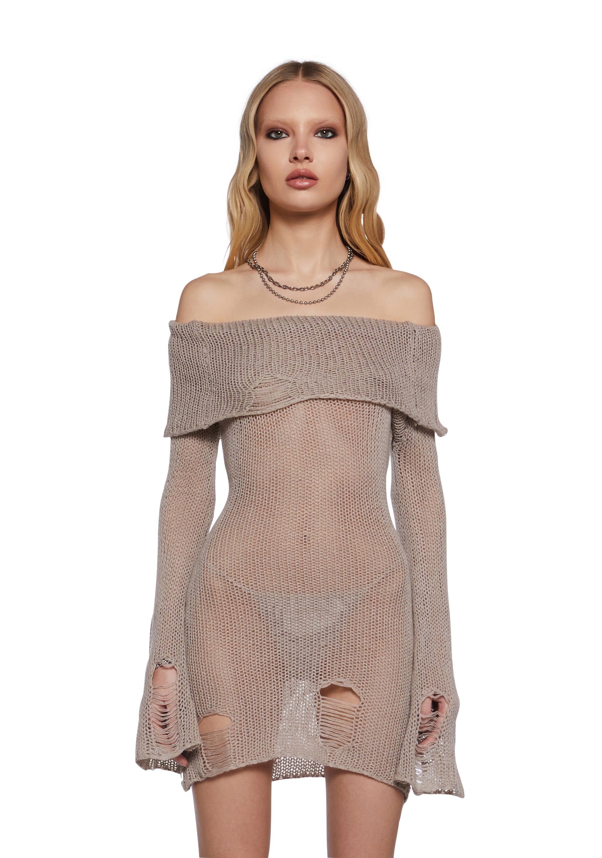 Darker Wavs Distressed Knit Sheer Sweater Dress With Long Sleeves - Ecru Darker Wavs Distressed Knit Sheer Sweater Dress With Long Sleeves - Ecru