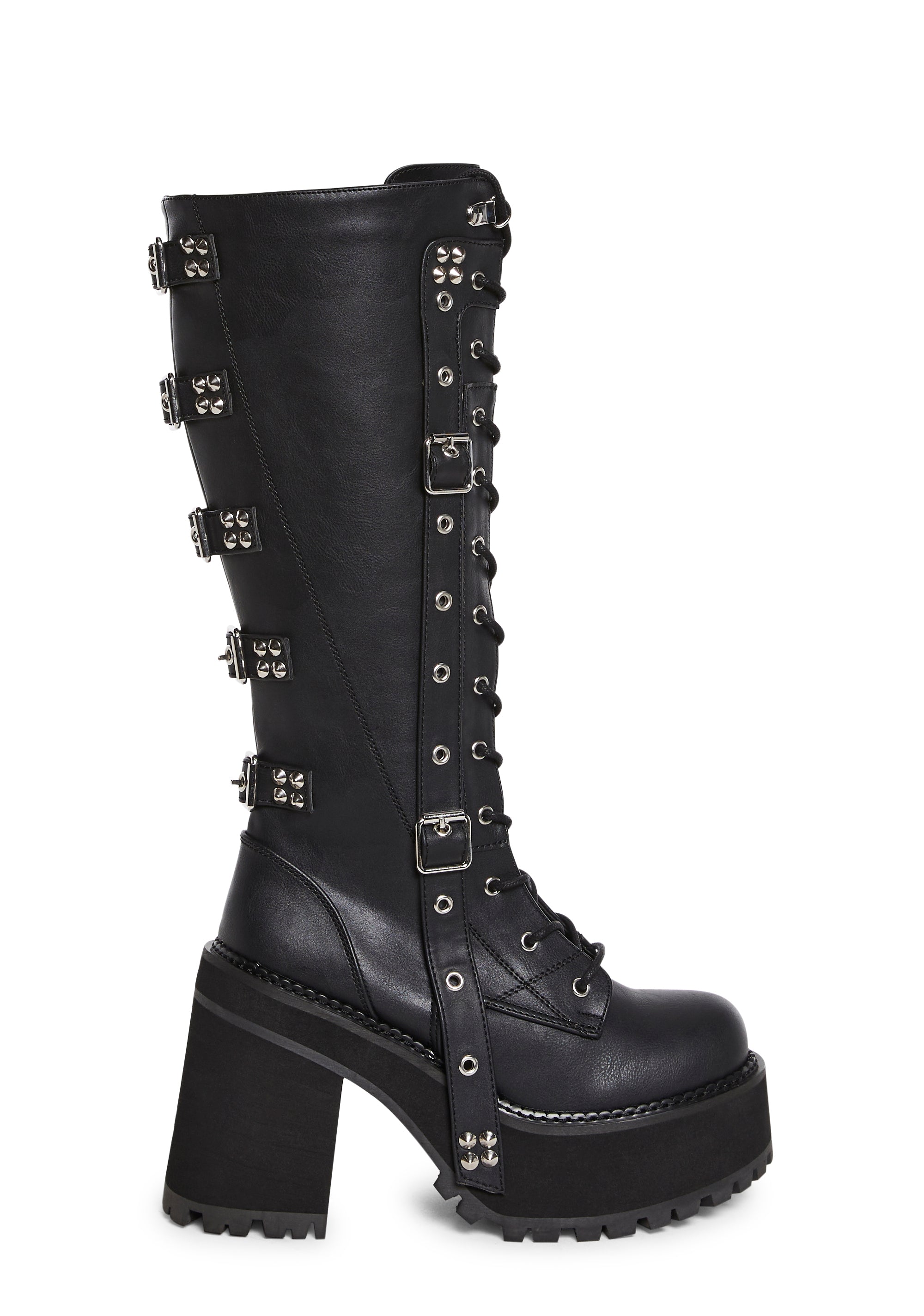 Demonia Assault 218 Buckled Studded Platform Knee High Boots Black Dolls Kill